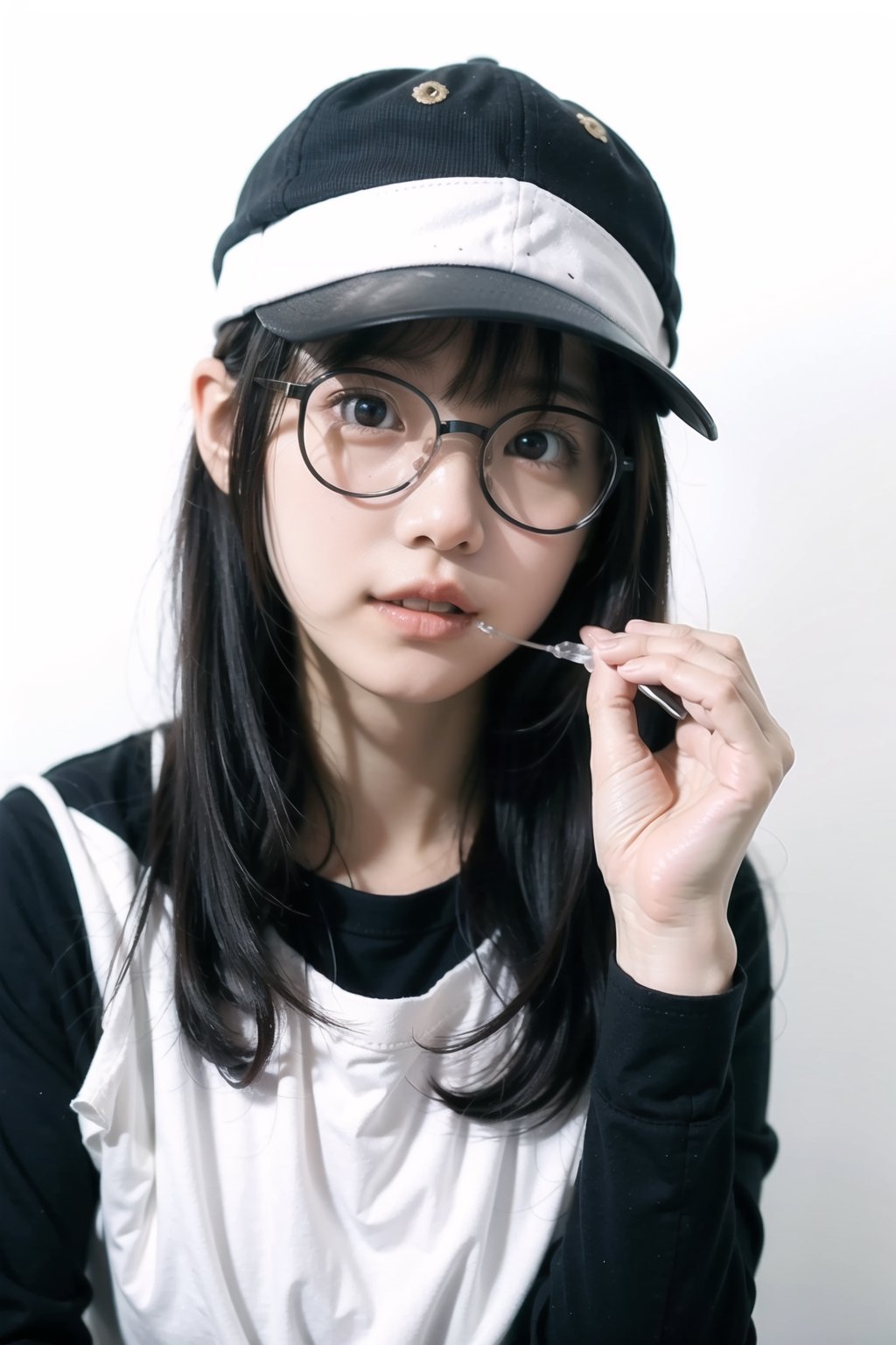  (best quality), ((masterpiece)), (highres), illustration, original, extremely detailed wallpaper. dkgirl, 1girl, solo, black hair, hat, black headwear, long hair, glasses, round eyewear, holding, hair between eyes, camera, bangs, closed mouth, baseball cap, looking at viewer, upper body, shirt, holding camera, black shirt, artist name, blurry, red lips, black-framed eyewear, depth of field, black eyes, white background,moyou, 30710, white pantyhose, dofas,more detail 