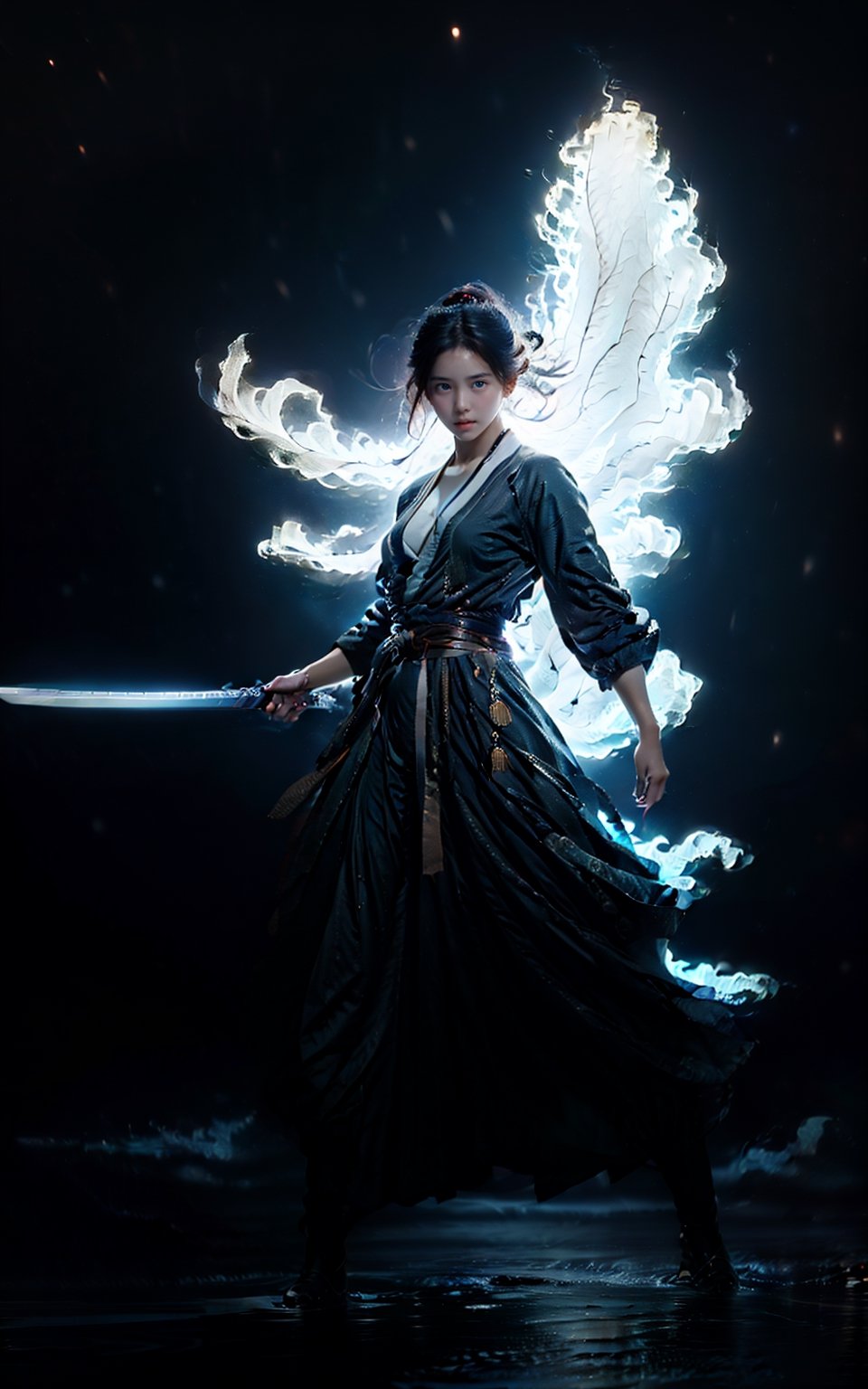 masterpiece, best quality, 32k uhd, Epic CG masterpiece, hdr, dtm, 64K, 00 renderer, stunning colors, 3D rendering, cinematic lighting effects, visual impact, looking at viewer, dynamic poses, surreal, futurism, concept art, super wide Angle, HD, jianxian, 1girl, (holding fire sword), full body, ( glowing:1.7), (simple background:1.8), black background, night sky,blue fire, blue flame, exquisite facial features, super delicate face, (best fingers:1.2),female