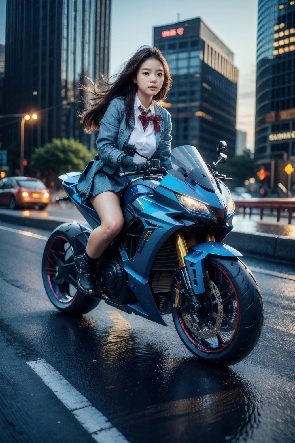 masterpiece, highly detailed photorealistic 8k raw photo, best cinematic quality, volumetric lighting and shadows, 
1girl(school uniform), on ((Chambray Blue sprbk)), futuristic cityscape, macro shot,ftsbk