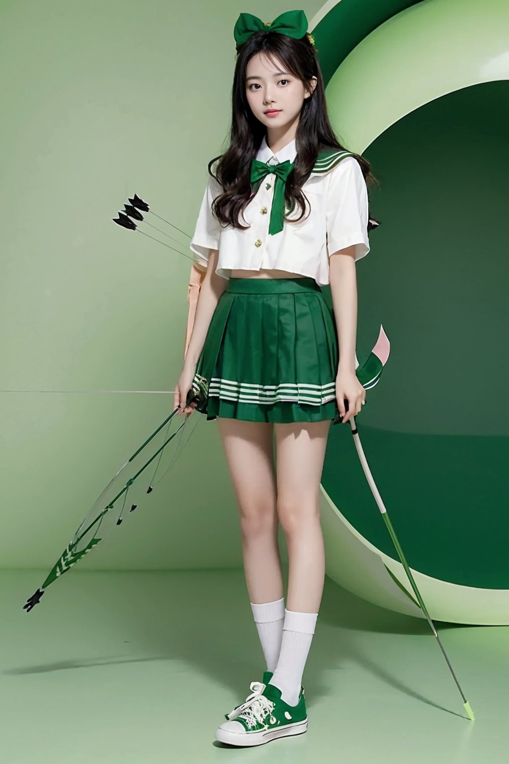 (a girl with ((bow)) and arrow in front of a green background), long black hair, green and white sailor school uniform, green short skirt, a cute girl, hyperralistic, long sockss, shoes
,GirlfriendMix2:1