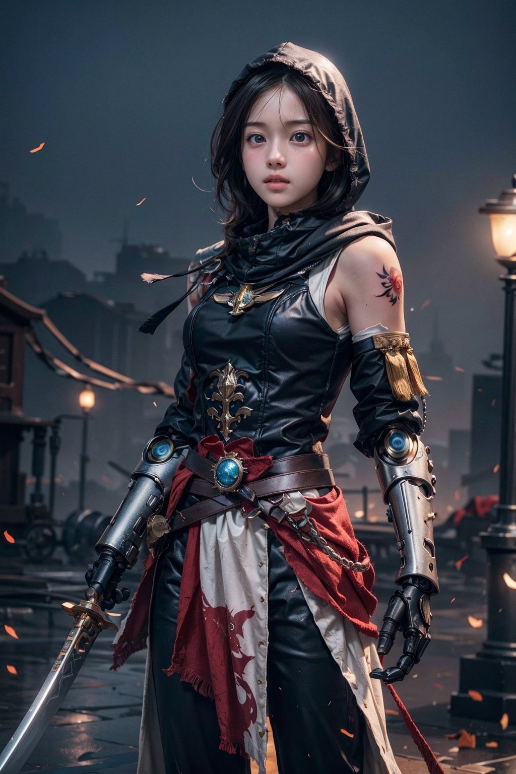 (1girl:1.3),formal dress,Oriwarrior,CUTE,streamlined mecha,sword,holding,holding a knife,realistic,solo,polearm,male focus,hood,holding weapon,dancing with a knife,kung fu,weapon,sword,(((tattoo))),smoke,looking at viewer,sheath,sleeve sword,holding weapon,cigarette,pants,scar,simple background,(single mechanical arm:1.6),(movement posture,combat posture:1.2),wind,(flying clothes:1.4),assassin's creed \(series\),((assassin hood)),(fluttering scarf),masterpiece,best quality,unreal engine 5 rendering,movie light,movie lens,movie special effects,detailed details,HDR,UHD,8K,CG wallpaper,l4tex4rmor,EDGADEPTA