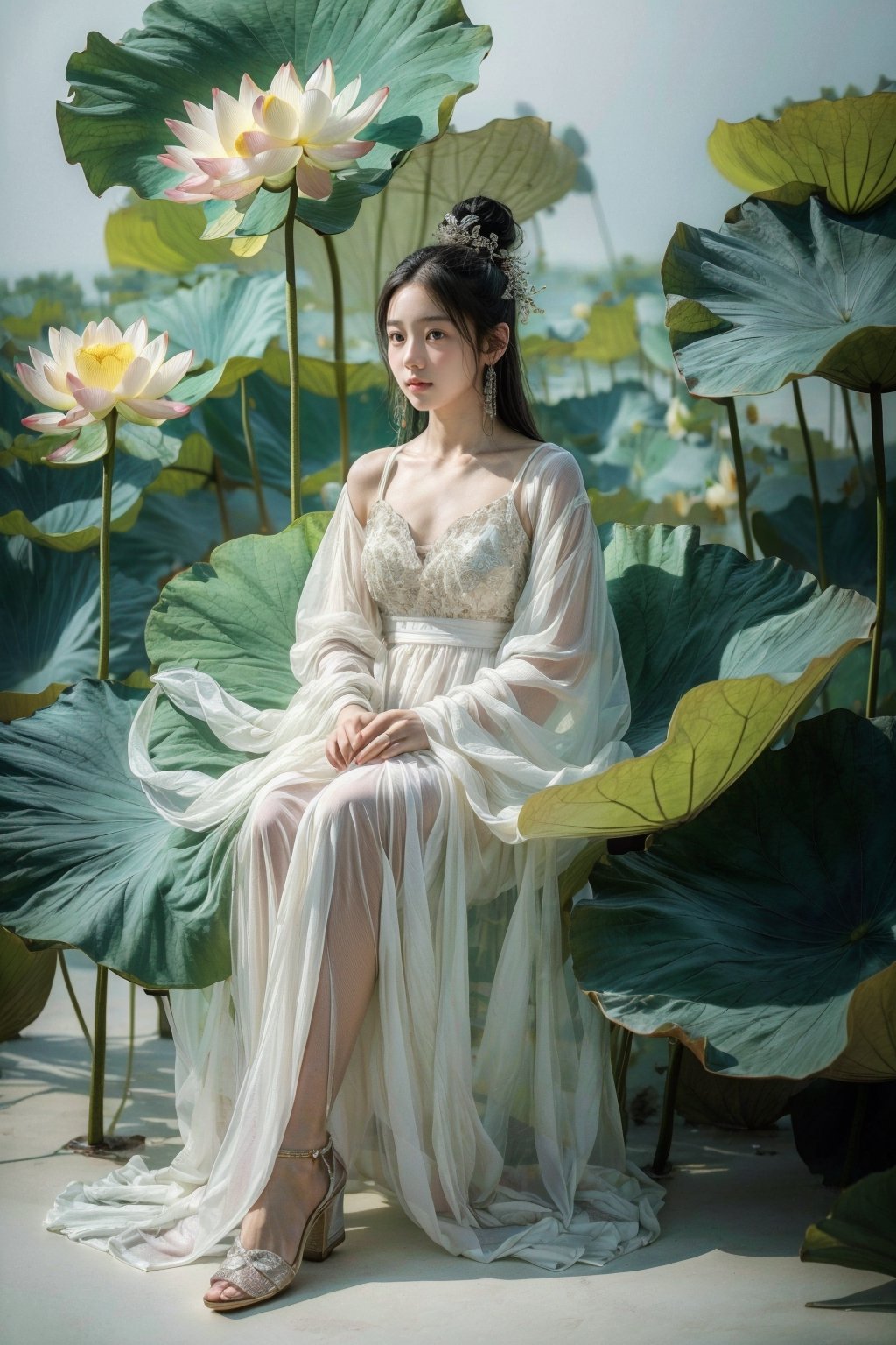 (masterpiece, best quality, highres:1.2),minimalism,realistic,,1 girl,solo,full body,sitting,(giant lotus leaf:1.1),(lotus leaves:1.1),black hair,single hair bun,long hair,white dress,long sleeves,look at viewer,xuer Lotus leaf