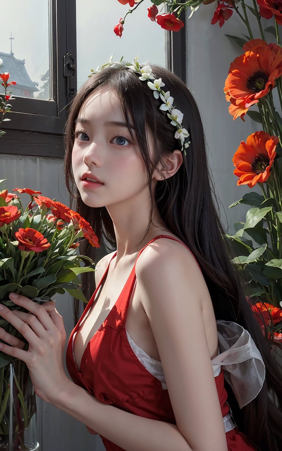  1girl, long hair, flower, Lisianthus, in the style of red and light azure, dreamy and romantic compositions, red, ethereal foliage, playful arrangements, fantasy, high contrast, ink strokes, explosions, over exposure, purple and red tone impression, abstract, whole body capture,
, (\meng ze\), Light master