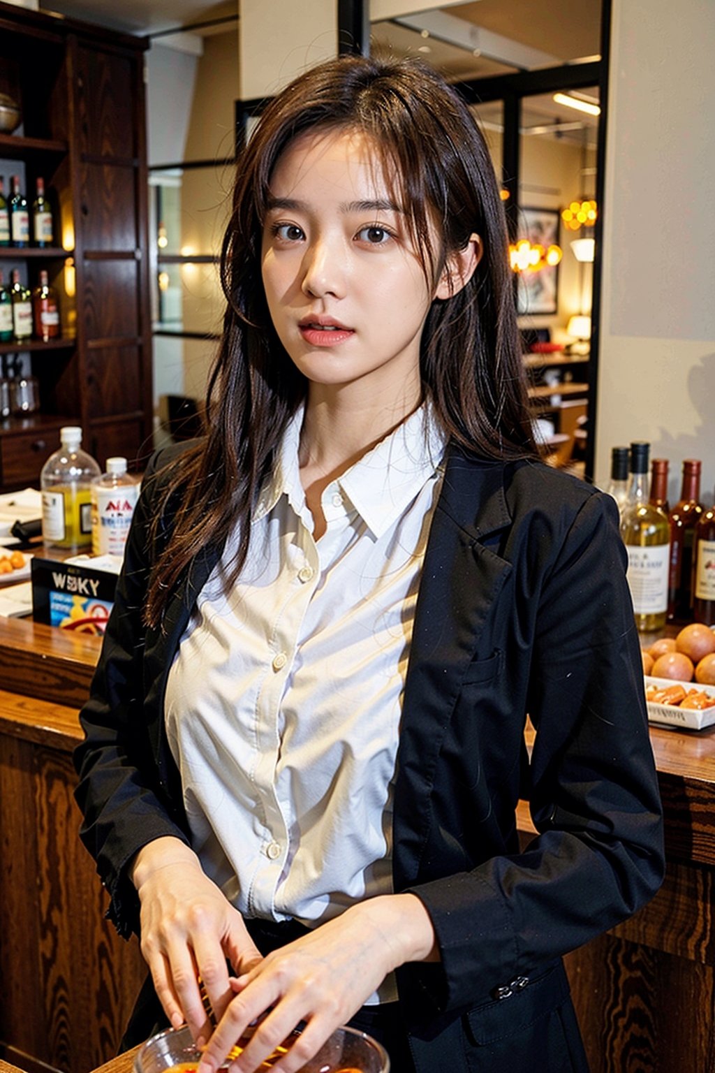1girl, solo, bottle, alcohol, long hair, red shirt, bar (place), shirt, looking at viewer, blurry background, jacket, formal, blurry, black jacket, brown hair, realistic, suit, collared shirt, lips, brown eyes, long sleeves, whiskey, indoors, (GirlfriendMix_v1_v20:1),

