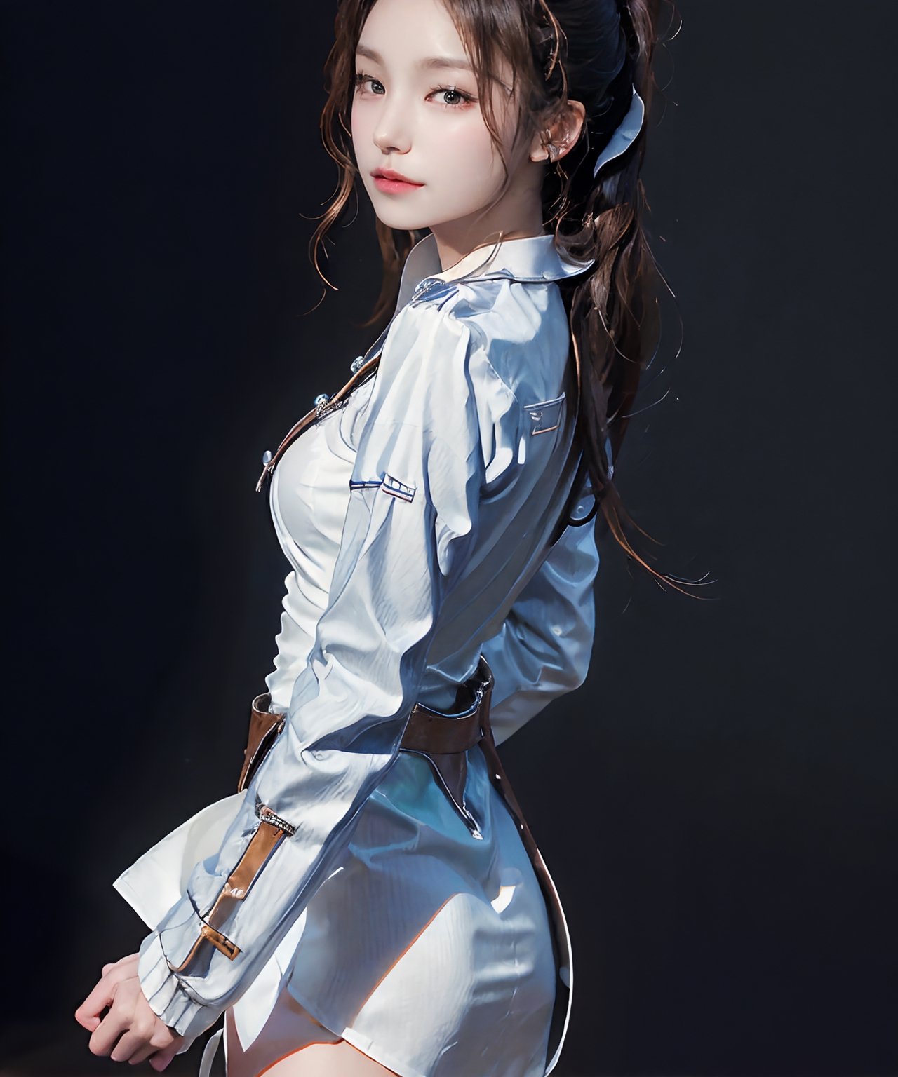 (look at the viewer:1.2), (cowboy shot:1.8), (portrait from just in front, slightly below:1.2), 24 years old lady standing, facing straight at viewer, pale blue background, (from breasts to head in frame, straight on), (masterpiece, wallpaper, RAW photo, highest quality, ultra-detailed, absurdres, photo-realistic), (extremely skin-tight white shirt with collar, long sleeves, fully buttoned, rolled-up sleeves:1.4), a hand behind back of neck, elegant, classy, formal, serious, high fashion, small head, (long neck:1.2), broad forehead, (smile:0.3), (cheek:1.4), pale skin, french braid ponytail, (LARGE BREASTS:0.5), Luxury sneakers, professional lighting,
,more detail 