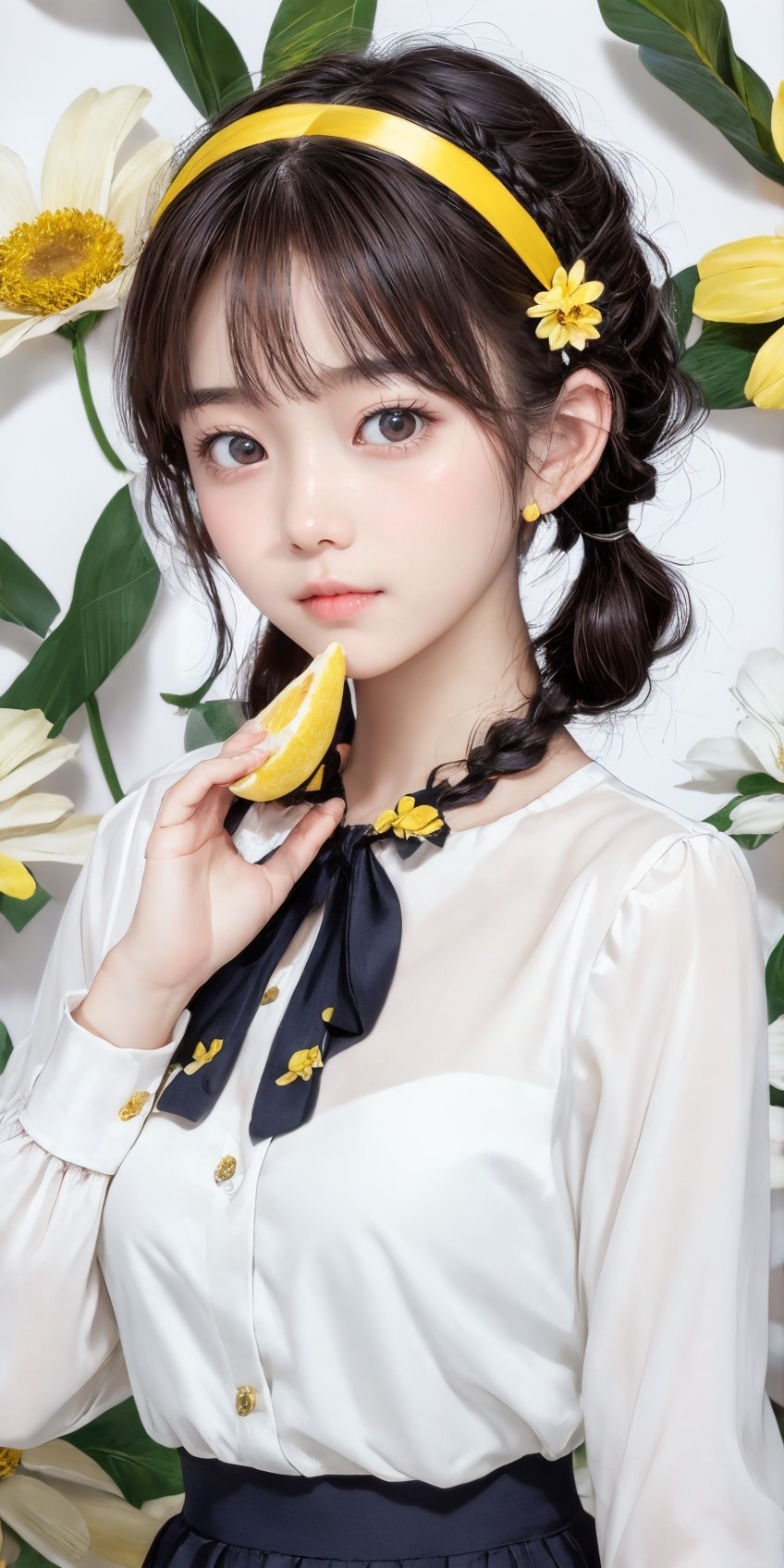 best quality, masterpiece, aesthetic, 1girl, artist name, bangs, black hair, blush, brown hair, cowboy shot, 
dated, flower, food, fruit, holding, leaf, lemon, lemon slice, long sleeves, looking at viewer, neck ribbon, 
plant, ribbon, short hair, signature, simple background, solo, upper body, white background, yellow flower, 
yellow ribbon, yellow shirt, yellow theme, skirt, shirt, twintails, hairband, puffy sleeves, black skirt, white flower, 
short twintails, puffy long sleeves, covered mouth, holding flower, ,Exquisite face