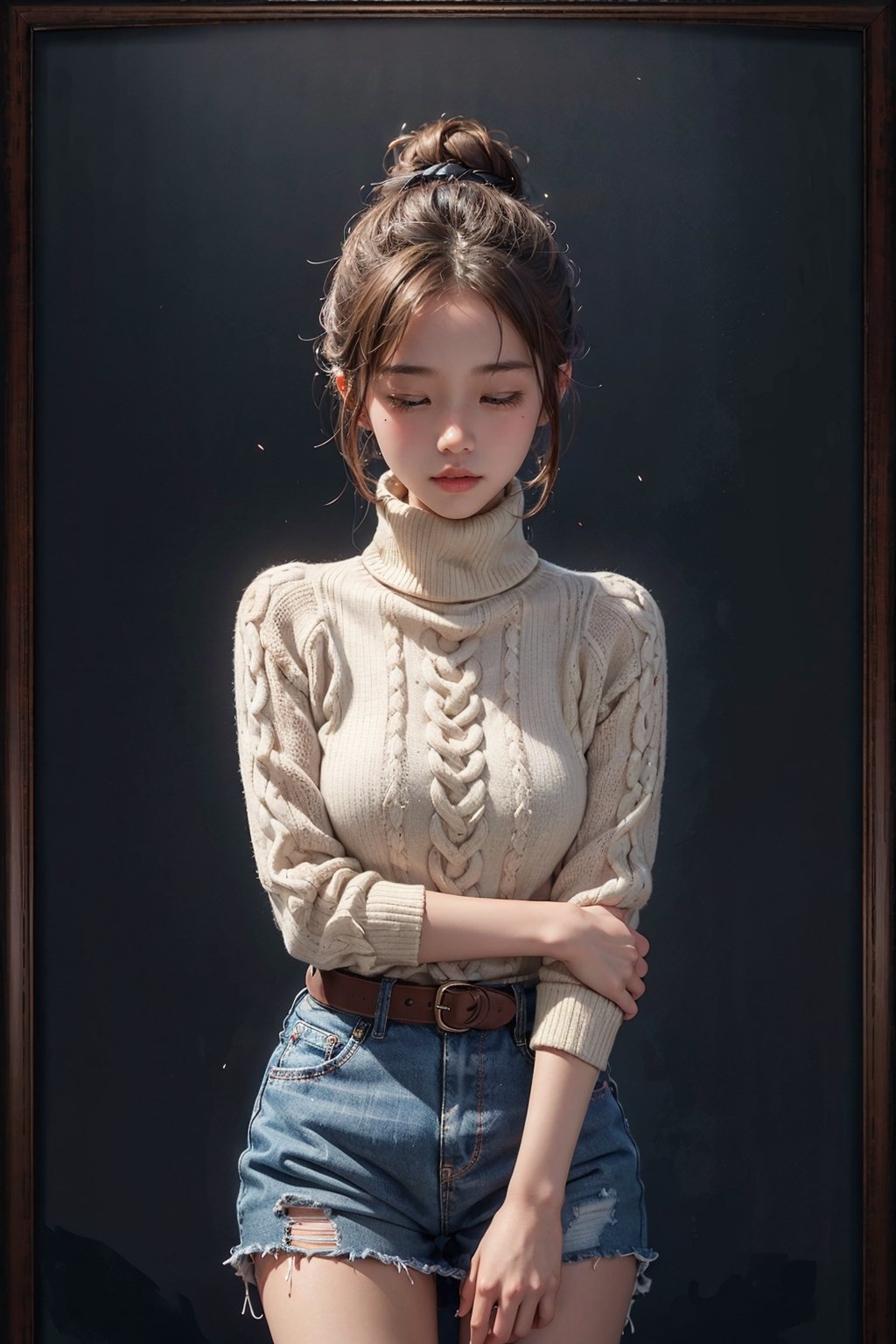 (look at the viewer:1.2), (cowboy shot:1.2),(depth of field:0.1),Hasselblad color,,1girl,spotlight,silhouette,portrait,parted lips,closed eyes,beautiful detailed skin,one hair bun,turtleneck_sweater,dark background,(upper_body from knees framing:1.5),
