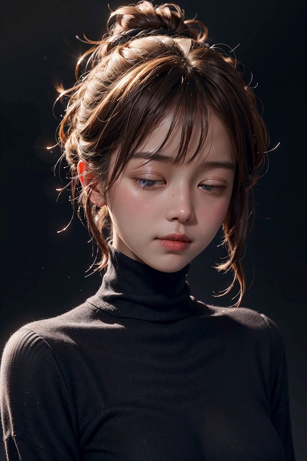 (depth of field:0.1),Hasselblad color,,1girl,spotlight,silhouette,portrait,parted lips,closed eyes,beautiful detailed skin,one hair bun,turtleneck_sweater,dark background,
