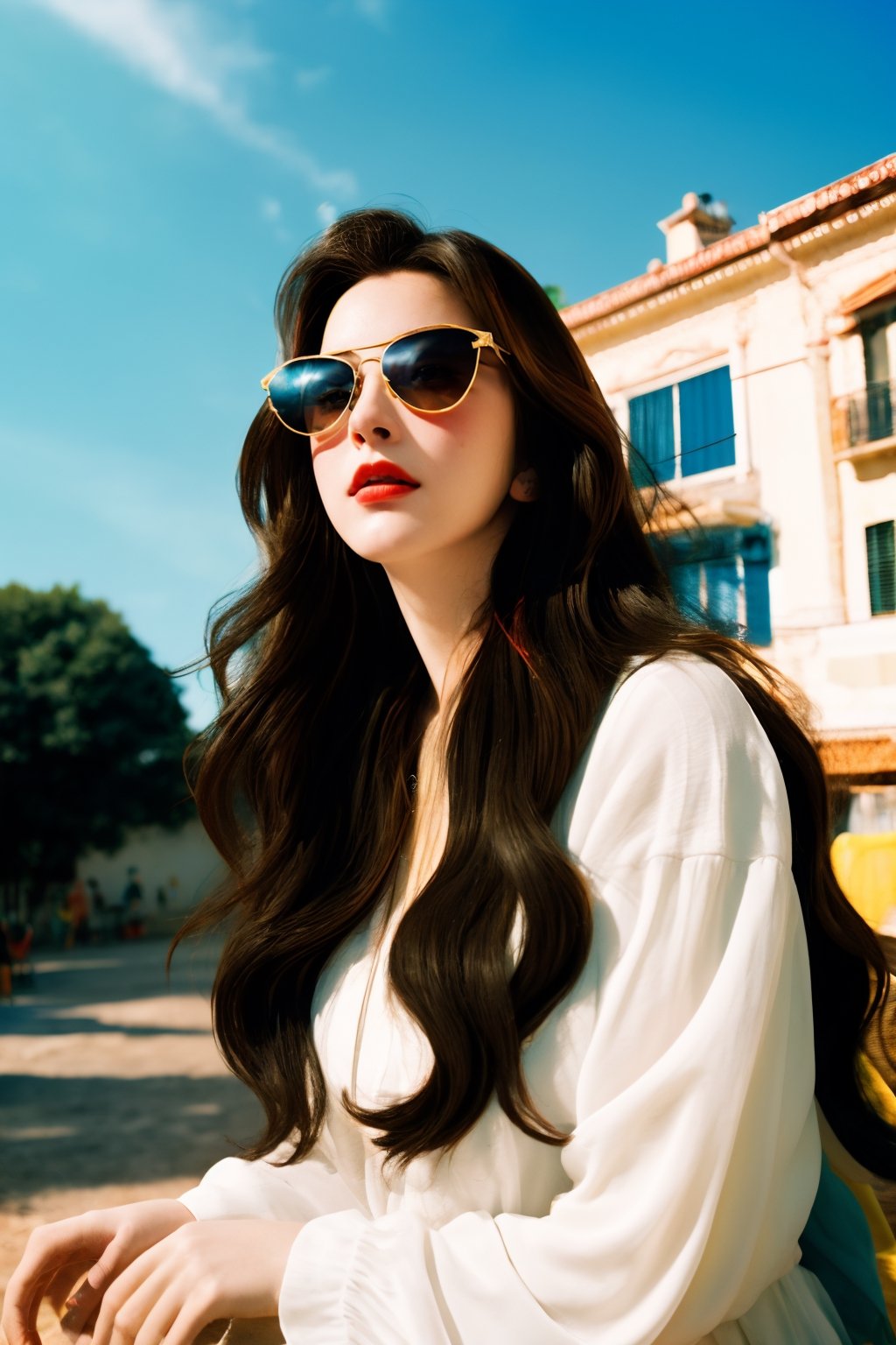  ldr,realistic,masterpiece,best quality,ultra realistic,8k,extremely detailed, best quality,1girlLong hair,sunglasses, outdoors,Lovely,light Highly saturated,light bright,light bright colors, vibrancy, vitality,(film overlay:0.3), (faded overlay:0.5), monkren,more detail 