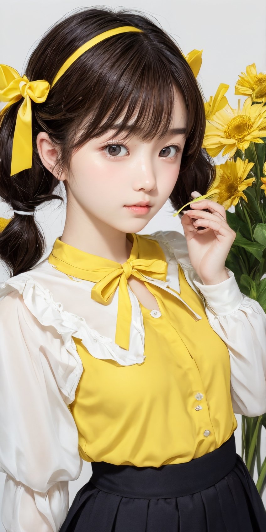 best quality, masterpiece, aesthetic, 1girl, artist name, bangs, black hair, blush, brown hair, cowboy shot, 
dated, flower, food, fruit, holding, leaf, lemon, lemon slice, long sleeves, looking at viewer, neck ribbon, 
plant, ribbon, short hair, signature, simple background, solo, upper body, white background, yellow flower, 
yellow ribbon, yellow shirt, yellow theme, skirt, shirt, twintails, hairband, puffy sleeves, black skirt, white flower, 
short twintails, puffy long sleeves, covered mouth, holding flower, ,Exquisite face