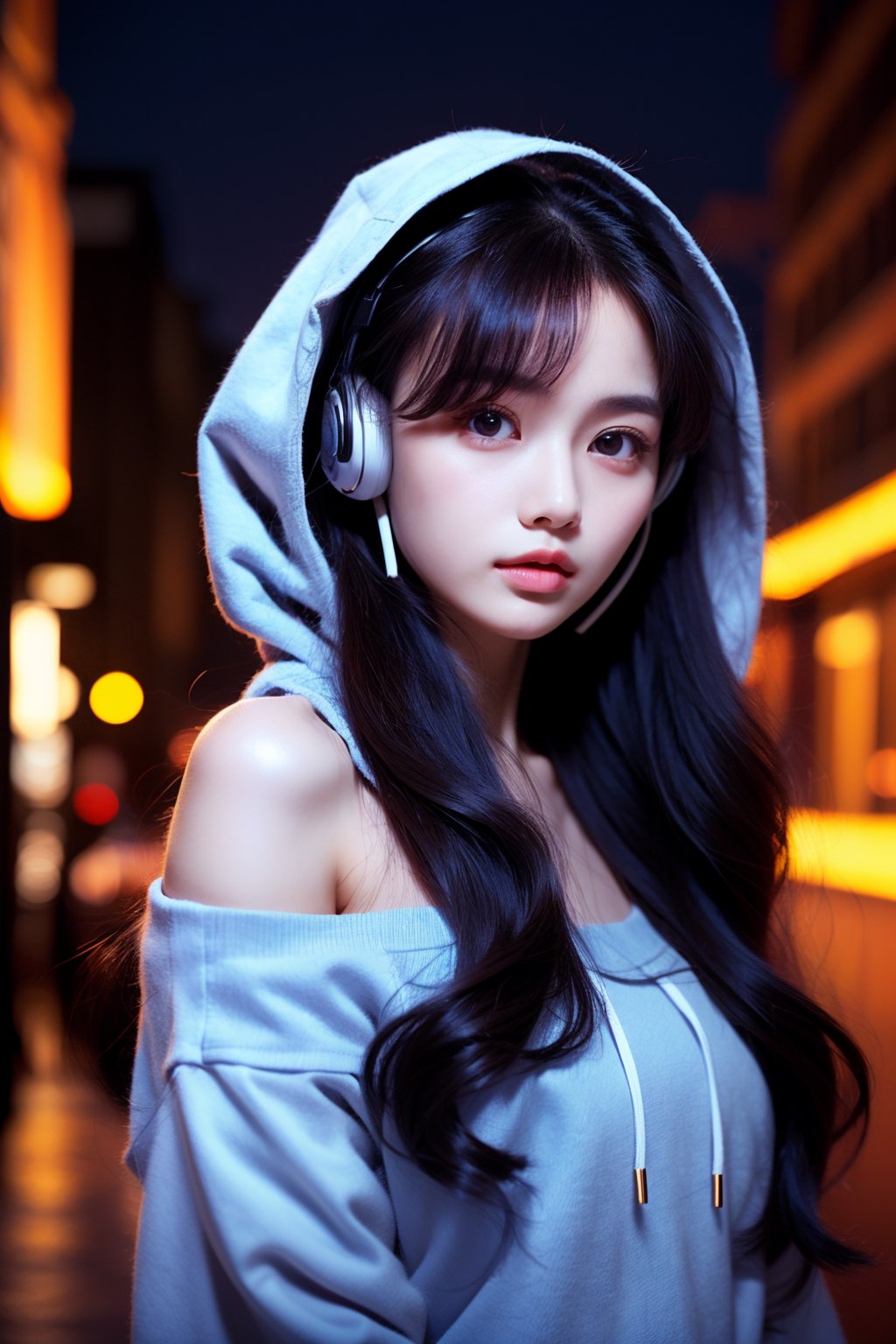 "1 girl, hoodie, blue hair, super long hair, off shoulder, feather hair ornament, Headphones around the neck, city, night, outdoor",blue_IDphoto