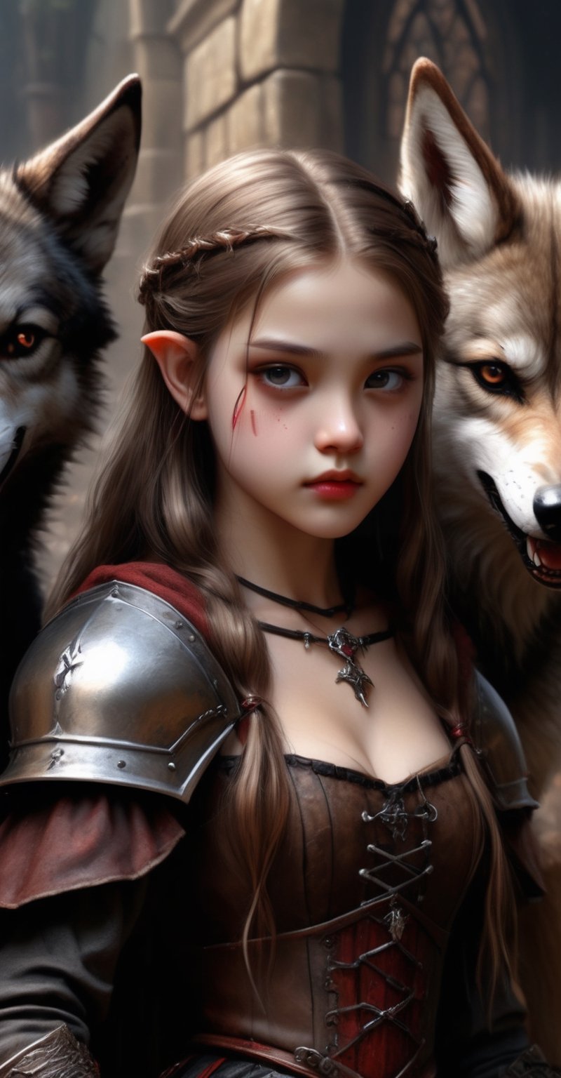 Ultra wide photorealistic medieval gothic image, an young girl facing the camera, master of wild bloodthirsty wolves trying to bite,  the beastmaster, gothic background, brown and black, detailed 8k horror artwork,more detail XL