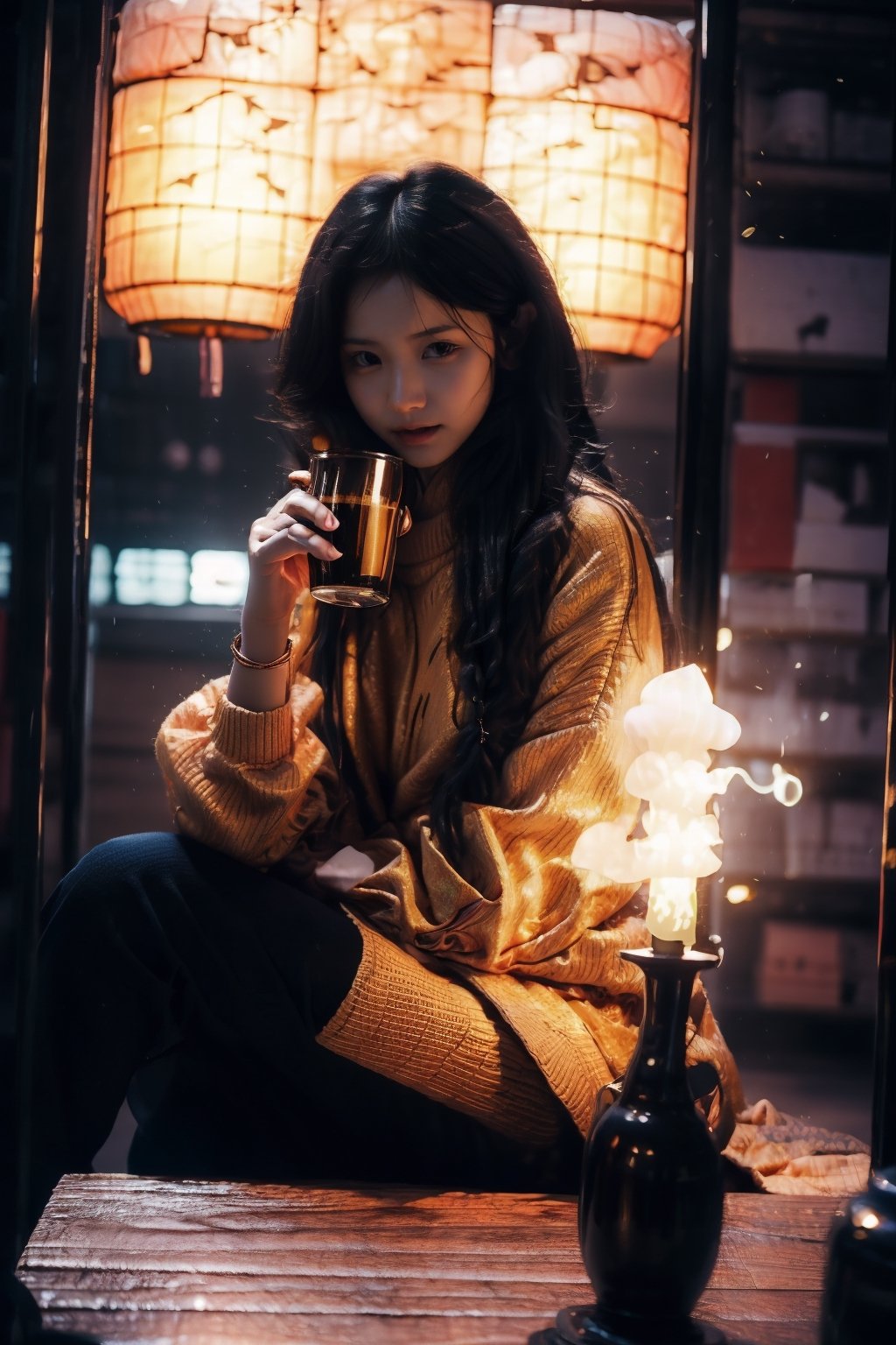 This photo shows a Asian woman wearing a warm and textured sweater,holding a steaming cup in her hand. She sat in the dimly lit room,with soft golden lights illuminating her side. The lady is braiding her hair,seemingly fully focused on this moment,perhaps savoring the aroma of the drink. The background has a rural feel,with a plant in the vase and textured walls.
,Samurai girl