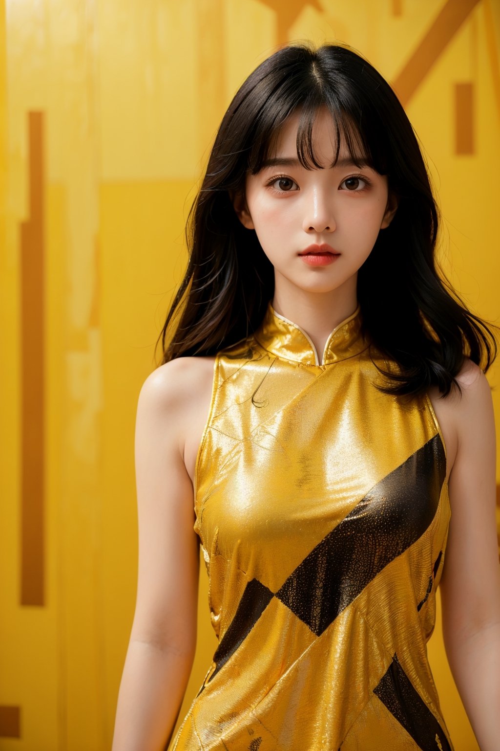  (masterpiece, top quality, best quality, ((standing in centre)), ((1girl, black hair)), ((upper body, symmetrical composition)), ((wear yellow abstract patterns dress bold lines, geometric shapes)), (pure yellow abstract patterns background), ((studio light)) ((studio portrait)), emotional face, face front, extreme detailed
,xuer Gold