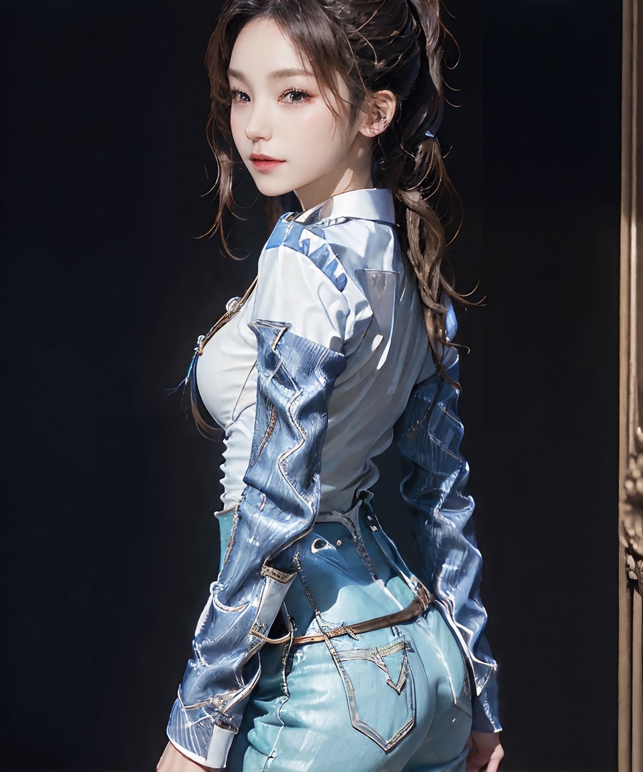 (look at the viewer:1.2), (cowboy shot:1.8), (portrait from just in front, slightly below:1.2), 24 years old lady standing, facing straight at viewer, pale blue background, (from breasts to head in frame, straight on), (masterpiece, wallpaper, RAW photo, highest quality, ultra-detailed, absurdres, photo-realistic), (extremely skin-tight white shirt with collar, long sleeves, fully buttoned, rolled-up sleeves:1.4), a hand behind back of neck, elegant, classy, formal, serious, high fashion, small head, (long neck:1.2), broad forehead, (smile:0.3), (cheek:1.4), pale skin, french braid ponytail, (LARGE BREASTS:0.5), ((Luxury sneakers)), professional lighting,
,more detail 