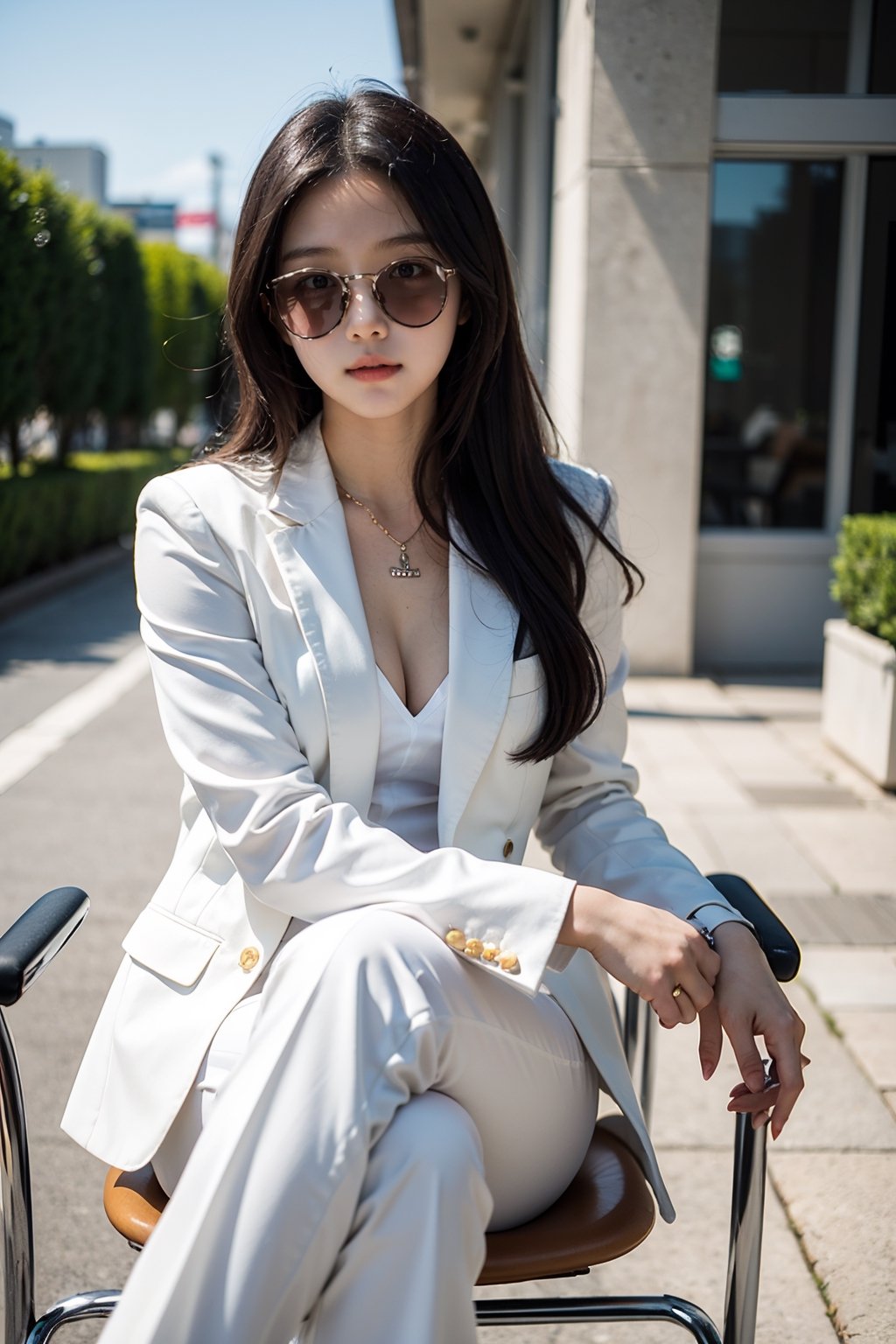 RICH_CHOCOLAE,1girl,female focus,crossed legs,sitting,sunglasses,white suit,formal,black hair,suit,necklace,pants,jewelry,sky,white pants,white jacket,jacket,chair,blue sky,day,shirt,blurry,pants,
