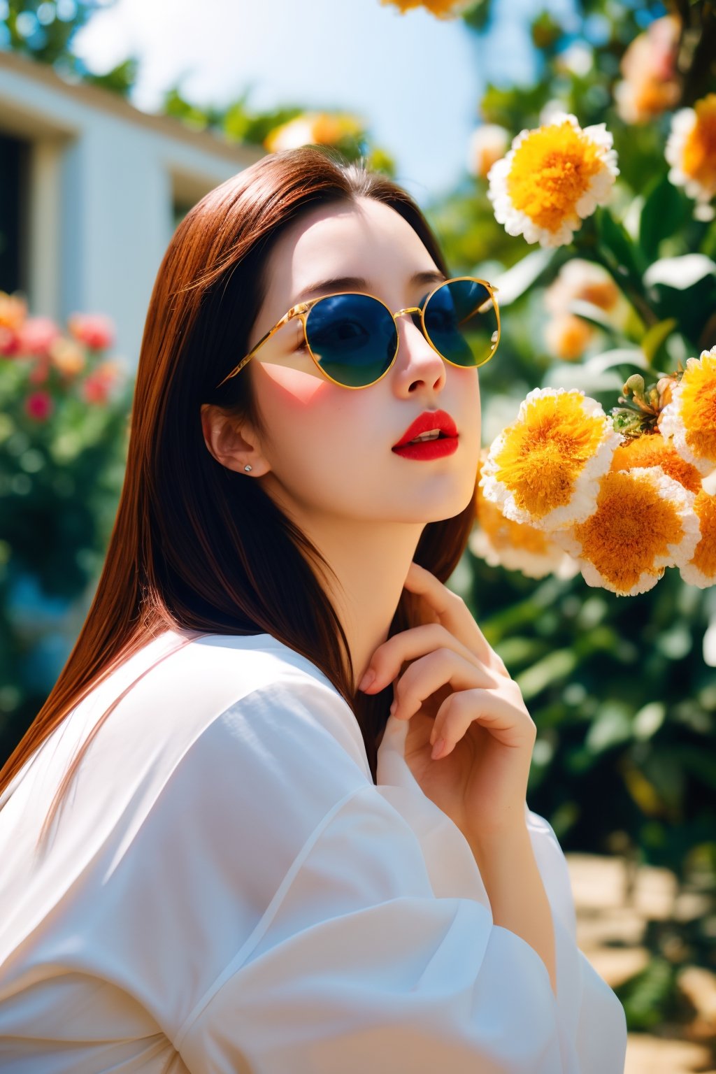  ldr,realistic,masterpiece,best quality,ultra realistic,8k,extremely detailed, best quality,1girlLong hair,sunglasses, outdoors,Lovely,light Highly saturated,light bright,light bright colors, vibrancy, vitality,(film overlay:0.3), (faded overlay:0.5), monkren,more detail 