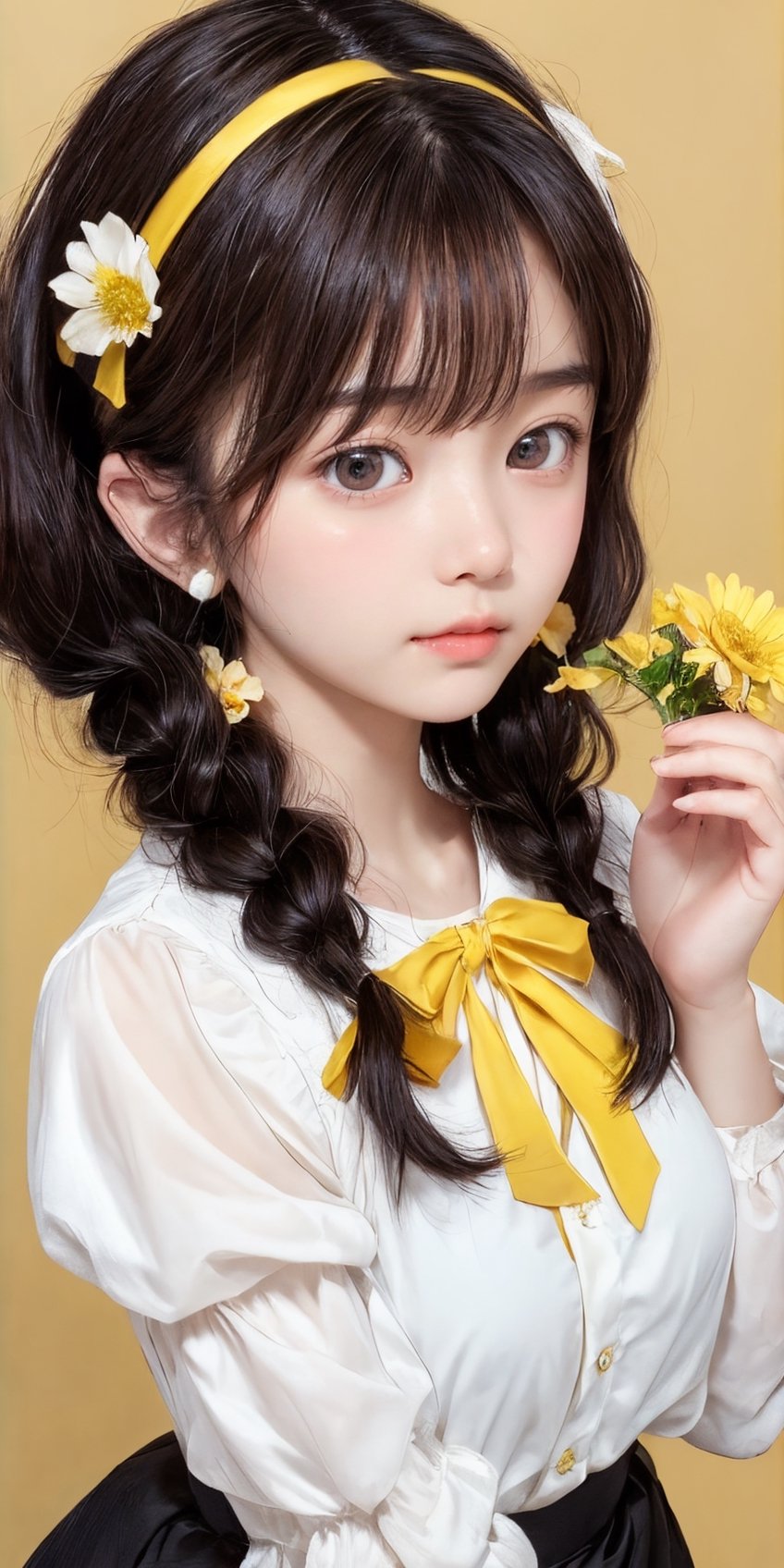 best quality, masterpiece, aesthetic, 1girl, artist name, bangs, black hair, blush, brown hair, cowboy shot, 
dated, flower, food, fruit, holding, leaf, lemon, lemon slice, long sleeves, looking at viewer, neck ribbon, 
plant, ribbon, short hair, signature, simple background, solo, upper body, white background, yellow flower, 
yellow ribbon, yellow shirt, yellow theme, skirt, shirt, twintails, hairband, puffy sleeves, black skirt, white flower, 
short twintails, puffy long sleeves, covered mouth, holding flower, ,Exquisite face