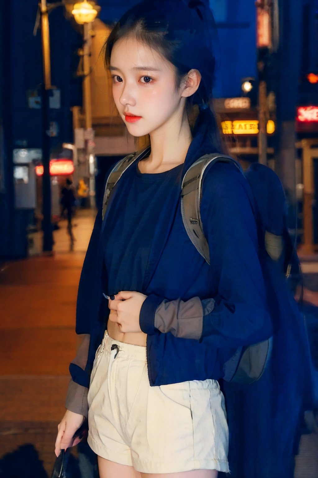 (masterpiece:1.2, best quality), realistic, (real picture, intricate details, depth of field), close up, Edgy girl, dark orange jacket, techwear, camera, backpack, white sneaker, black hot pants, black boots, platinum blonde hair color, ponytail, dramatic makeup, piecing, looking at the street, outdoor, ((nighttime, dark city)), 