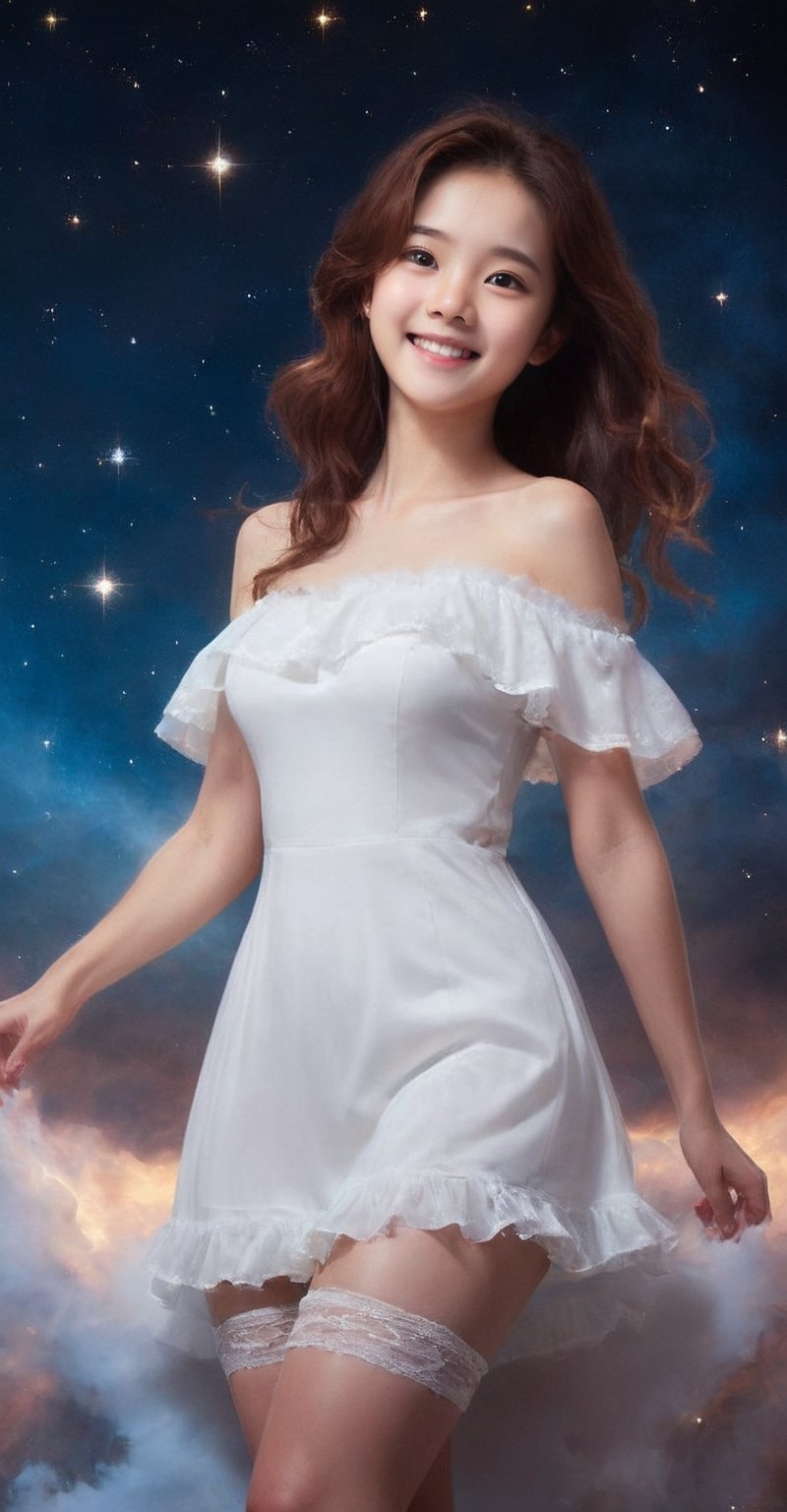 Photorealistic, Smile, White stockings, masterpiece, best quality, White dress, Brown hair, Frills, (Layered:1.0), Beautiful night, stars on sky, (land), (night theme:1.2), (Official_wallpaper:1.3), (Nebula in sky:1.3), (Iselestia room background:1.3), Red jacket,
