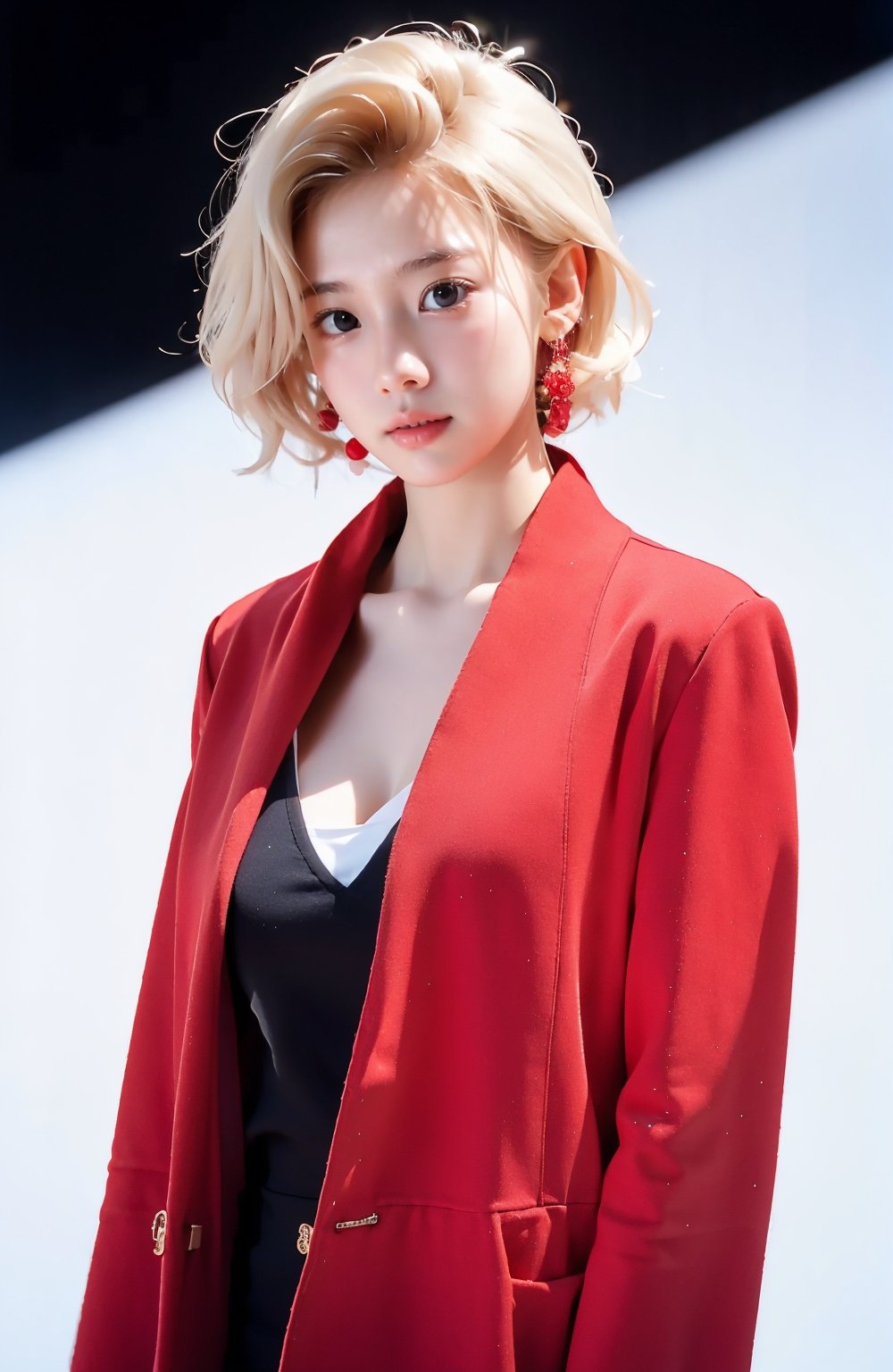  Girl, red wool coat, pretty face, short hair, blonde hair, (photo reality: 1.3) , Edge lighting, (high detail skin: 1.2) , 8K Ultra HD, high quality, high resolution, best ratio of four fingers and one thumb, (photo reality: 1.3) , wearing a red coat, white shirt inside, large breasts, solid color background, solid red background, advanced feeling, texture pull full, 1 girl, xiqing, hszt, xiaxue, dongji