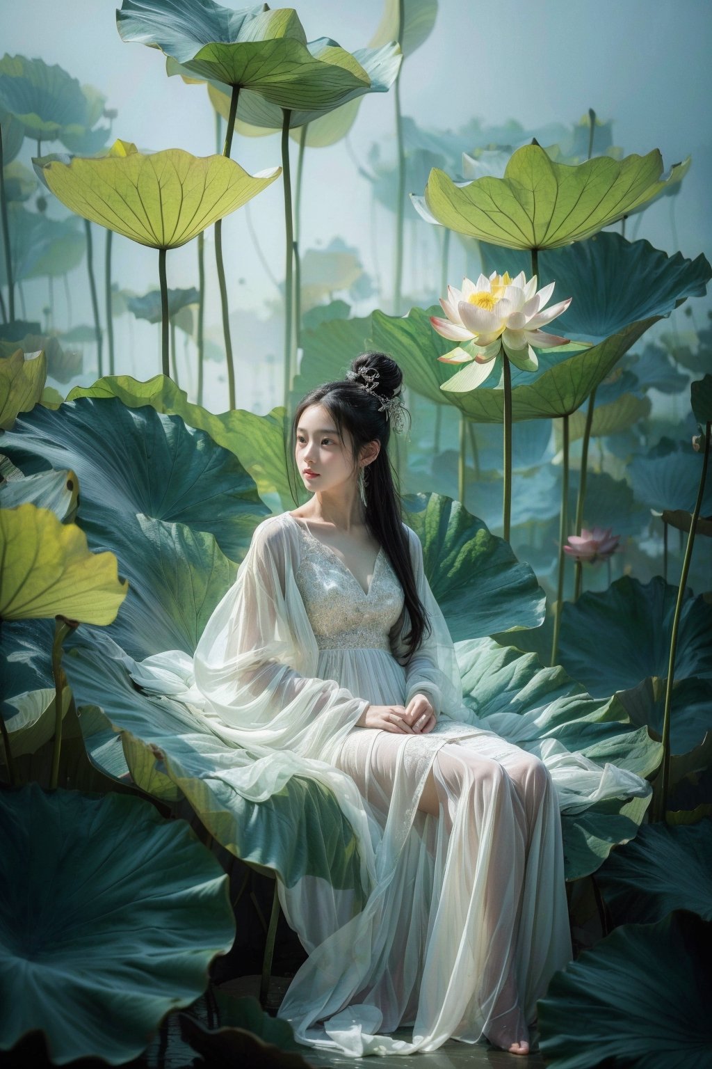 (masterpiece, best quality, highres:1.2),minimalism,realistic,,1 girl,solo,full body,sitting,(giant lotus leaf:1.1),(lotus leaves:1.1),black hair,single hair bun,long hair,white dress,long sleeves,look at viewer,xuer Lotus leaf