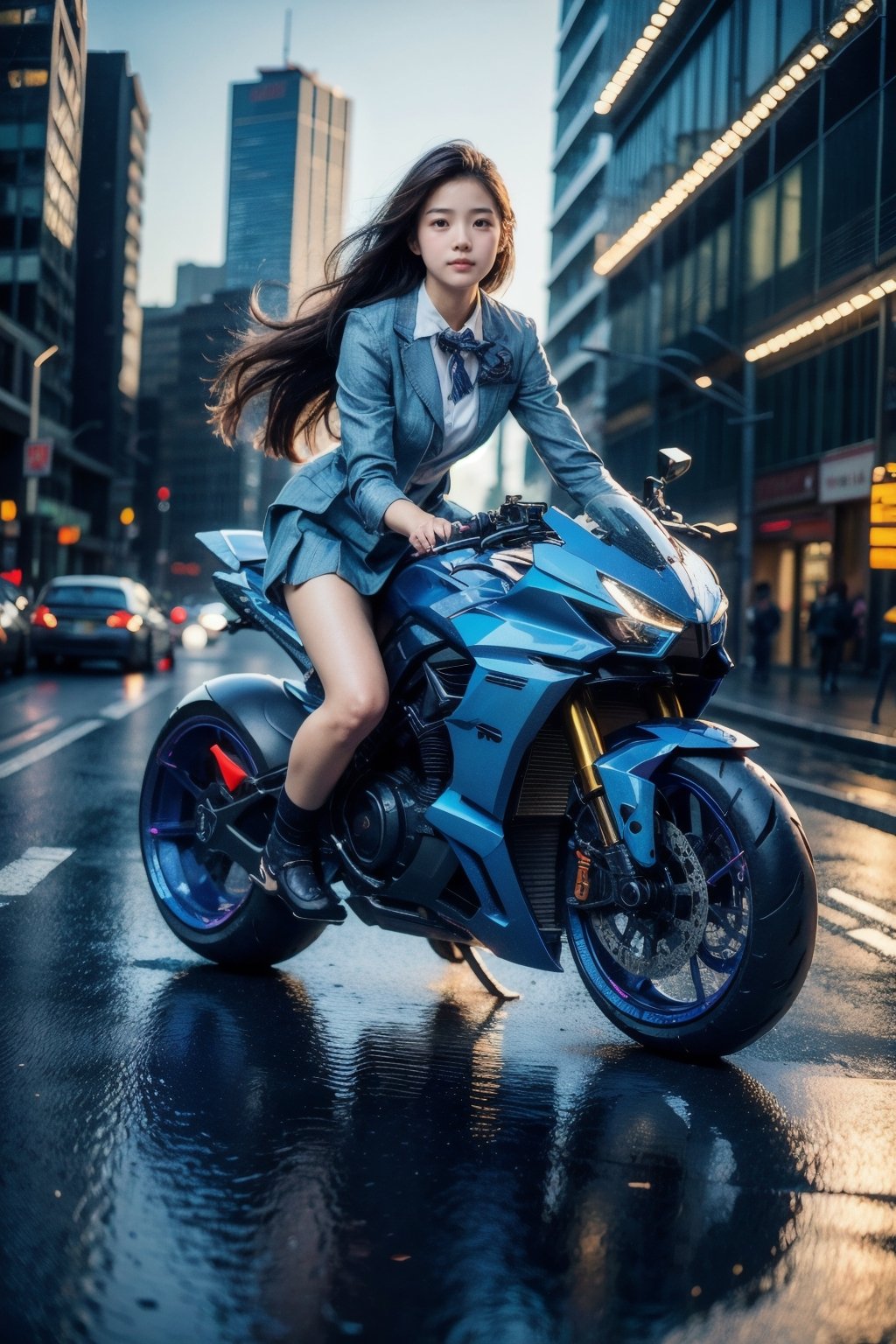 masterpiece, highly detailed photorealistic 8k raw photo, best cinematic quality, volumetric lighting and shadows, 
1girl(school uniform), on ((Chambray Blue sprbk)), futuristic cityscape, macro shot,ftsbk