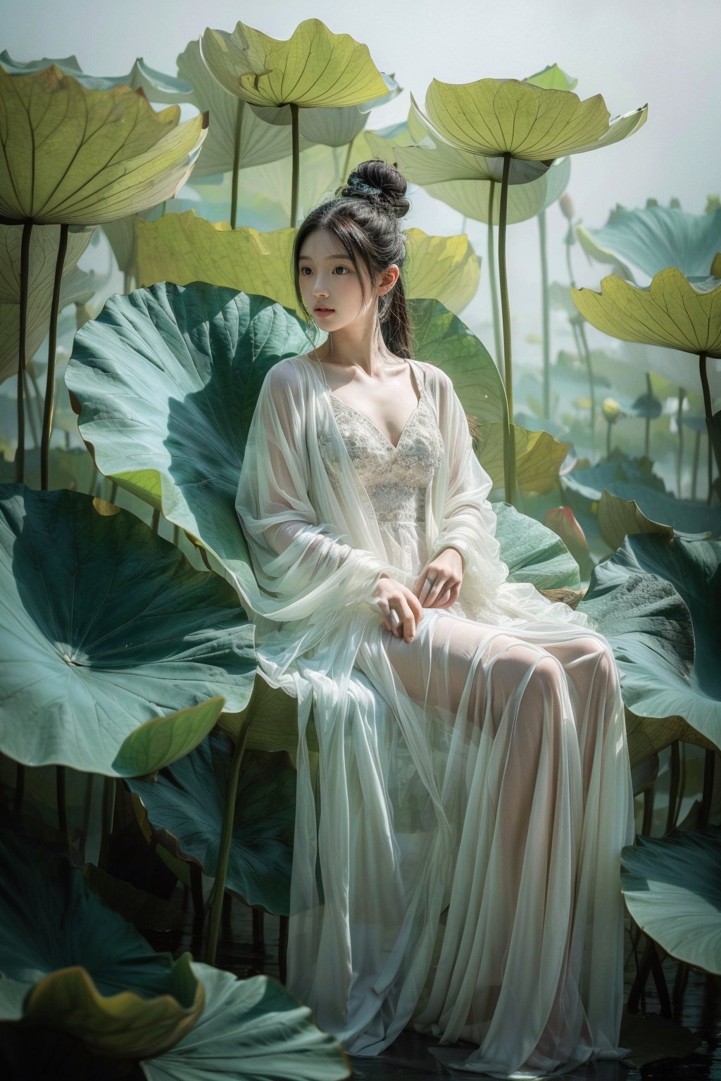 (look at the viewer:1.2),(cowboy shot:1.2),(masterpiece, best quality, highres:1.2),minimalism,realistic,1 girl,solo,full body,sitting,(giant lotus leaf:1.1),(lotus leaves:1.1),black hair,single hair bun,long hair,white dress,long sleeves,look at viewer,xuer Lotus leaf