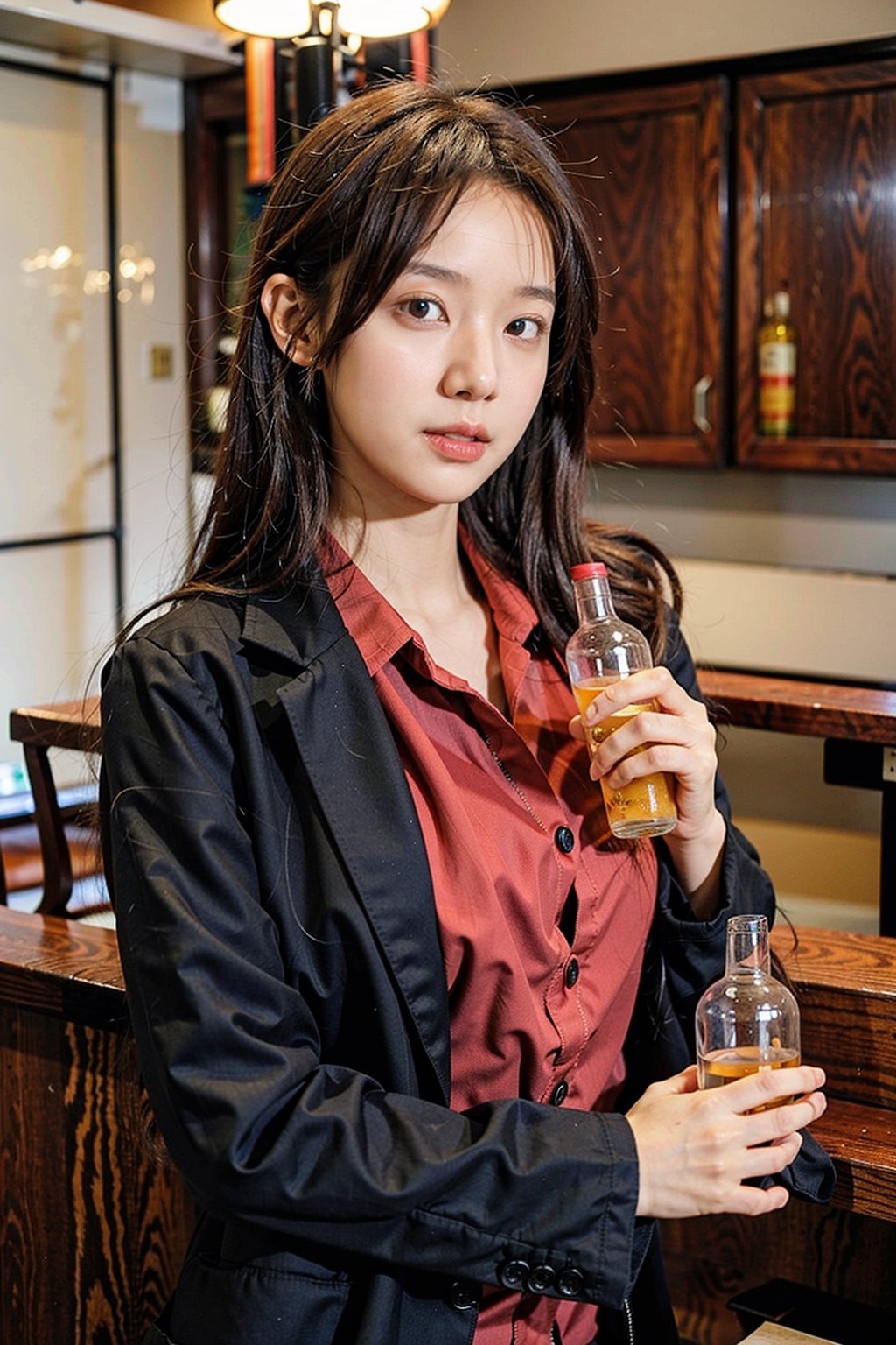 1girl, solo, bottle, alcohol, long hair, red shirt, bar (place), shirt, looking at viewer, blurry background, jacket, formal, blurry, black jacket, brown hair, realistic, suit, collared shirt, lips, brown eyes, long sleeves, whiskey, indoors, (GirlfriendMix_v1_v20:1),

