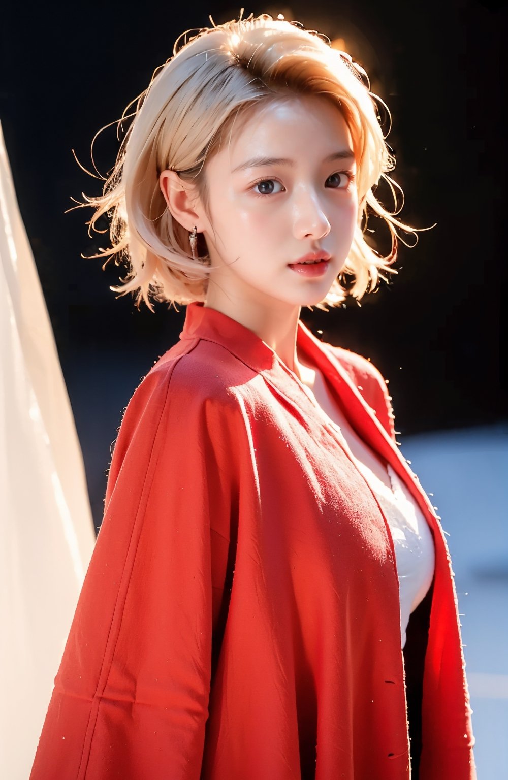  Girl, red wool coat, pretty face, short hair, blonde hair, (photo reality: 1.3) , Edge lighting, (high detail skin: 1.2) , 8K Ultra HD, high quality, high resolution, best ratio of four fingers and one thumb, (photo reality: 1.3) , wearing a red coat, white shirt inside, large breasts, solid color background, solid red background, advanced feeling, texture pull full, 1 girl, xiqing, hszt, xiaxue, dongji