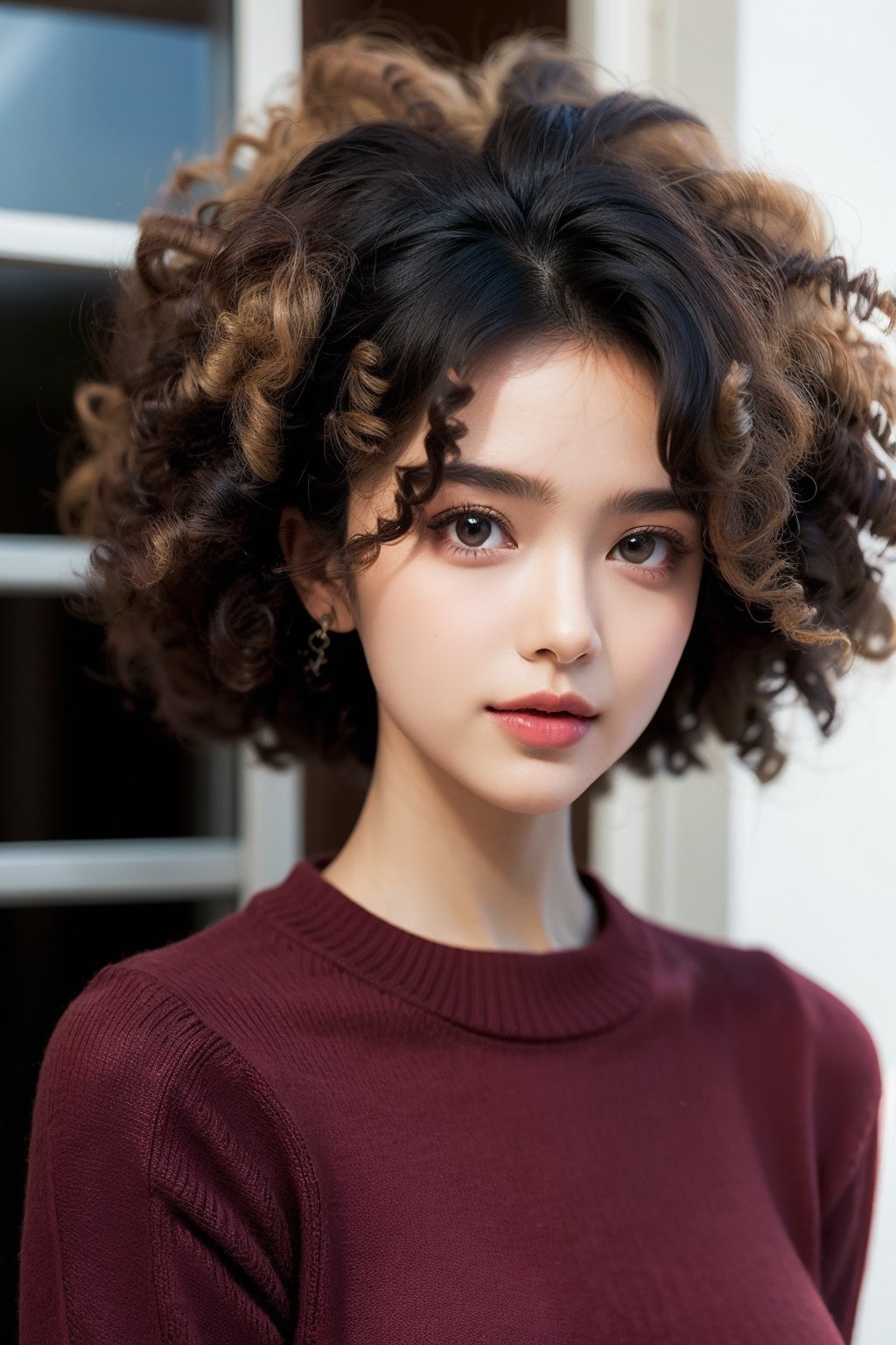 Woman with curly hair and a red sweater posing for a photo, afro encaracolado, cabelo curto preto encaracolado, cabelo encaracolado preto, cabelo afro, curly middle part haircut, com afro, cabelos cacheados, franja encaracolado, cabelo encaracolado curto escuro sorrindo, cabelos negros cacheados, afro, cabelos curtos e cacheados, cabelos cacheados e curtos, (cabelos cacheados escuros e curtos)
