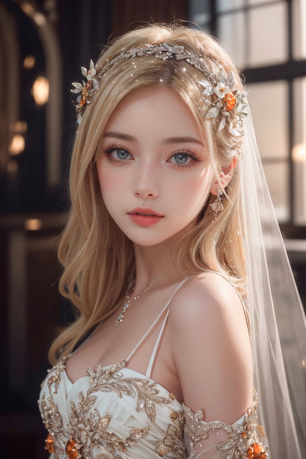 Story, sparkling beautiful eyes, blonde hair, bride posing under a fairy tale, elaborate scene style, glitter, orange, realistic style, 8k,exposure blend, medium shot, bokeh, (hdr:1.4), high contrast, (cinematic, dark orange and white film), (muted colors, dim colors, soothing tones:1.3), low saturation, (hyperdetailed:1.2), (noir:0.4),1 girl