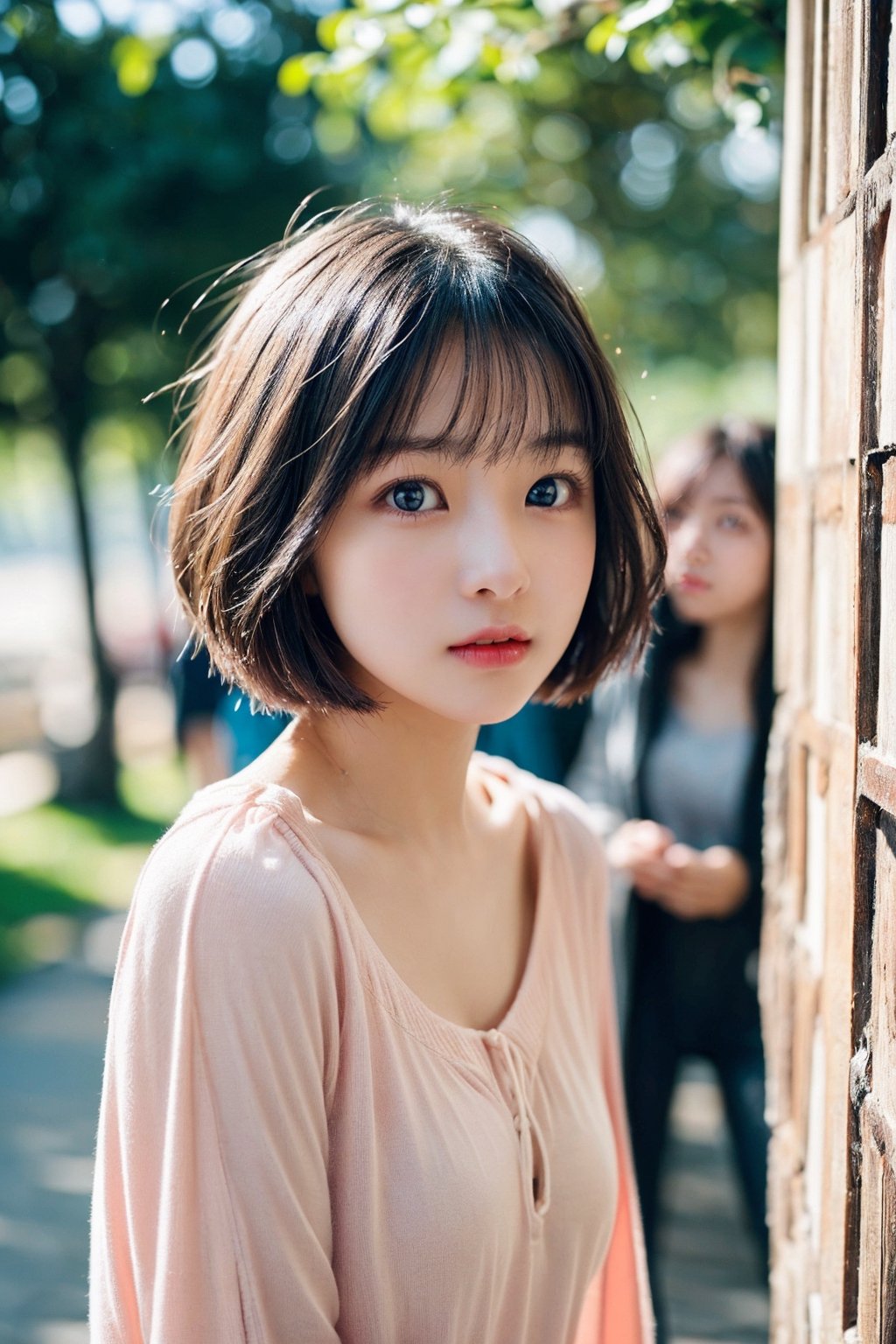 A beautiful female college student with big, expressive eyes, lively and vibrant, possessing a great temperament and a charming short haircut, A girl in the wild, ((A natural photo of a college girl with an innocent expression taken at an 85mm angle of view.)), summer clothes, casual clothes, 