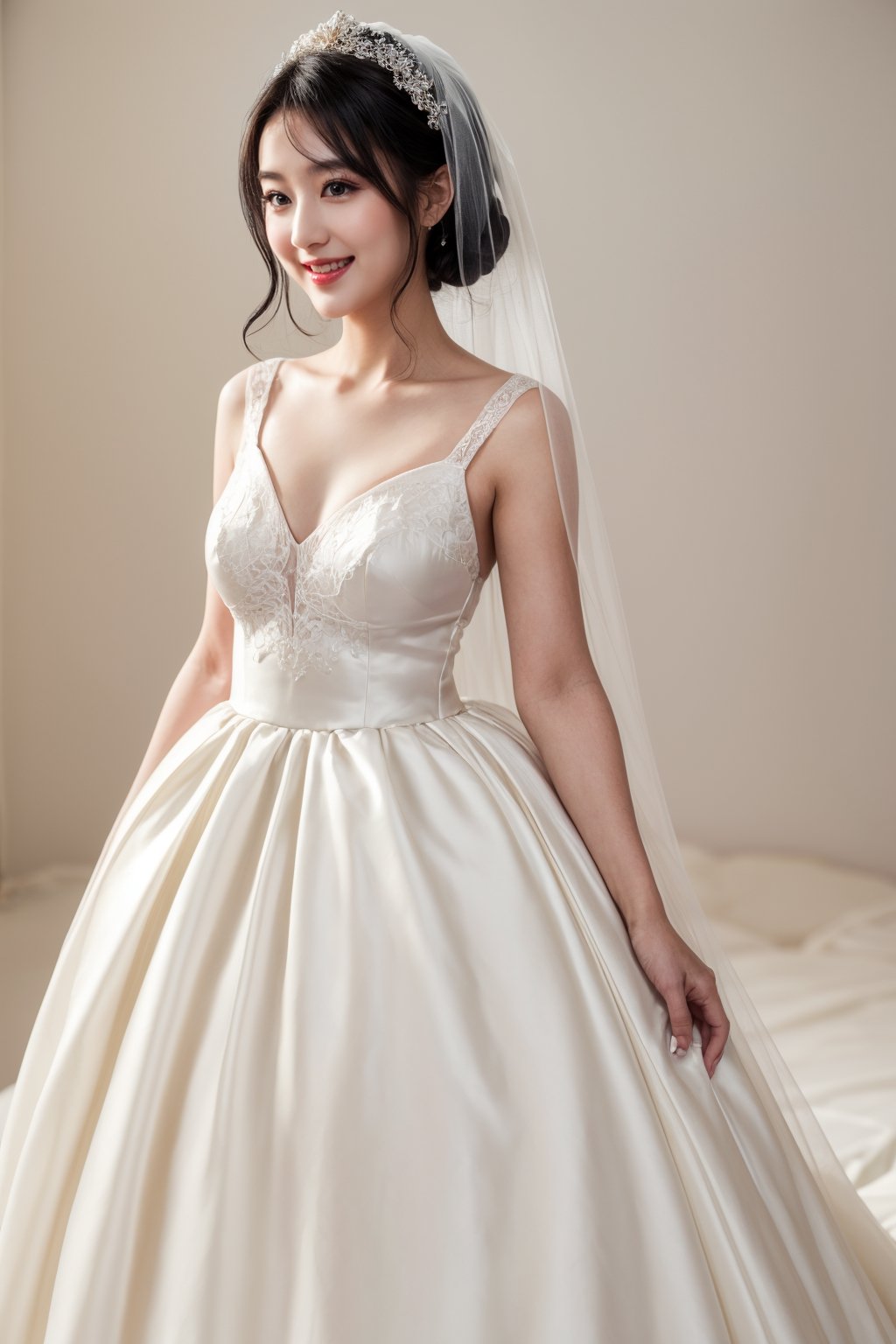 (masterpiece, best quality, photorealistic), 1girl, bridal hairstyle, black hair, brown eyes, small boobs, graceful smile, detailed skin, pore, white wedding dress, low key, (full body), (standing), beige plain background, realism, better_hands