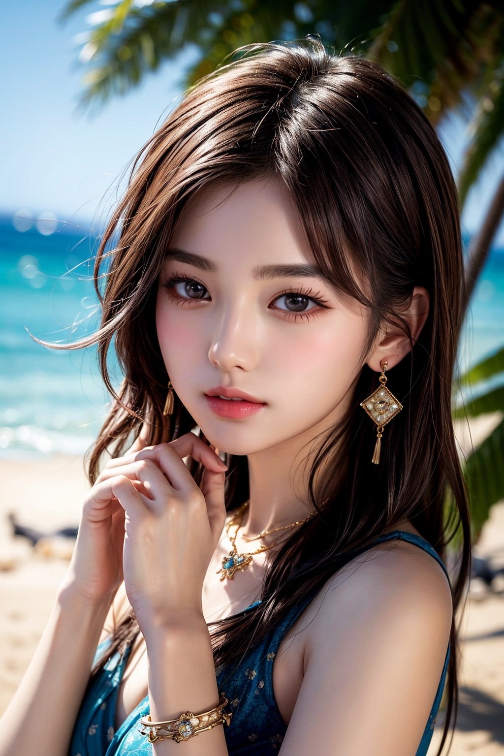 Illustrate a lovely 20-year-old Korean pop star in a front-view pose, radiating confidence and charm. Focus on the details of her hands, fingers, and accessories like earrings and necklaces. Use sunshine and beach view backgrounds to add warmth and atmosphere to the drawing, ensuring a detailed and alluring portrayal