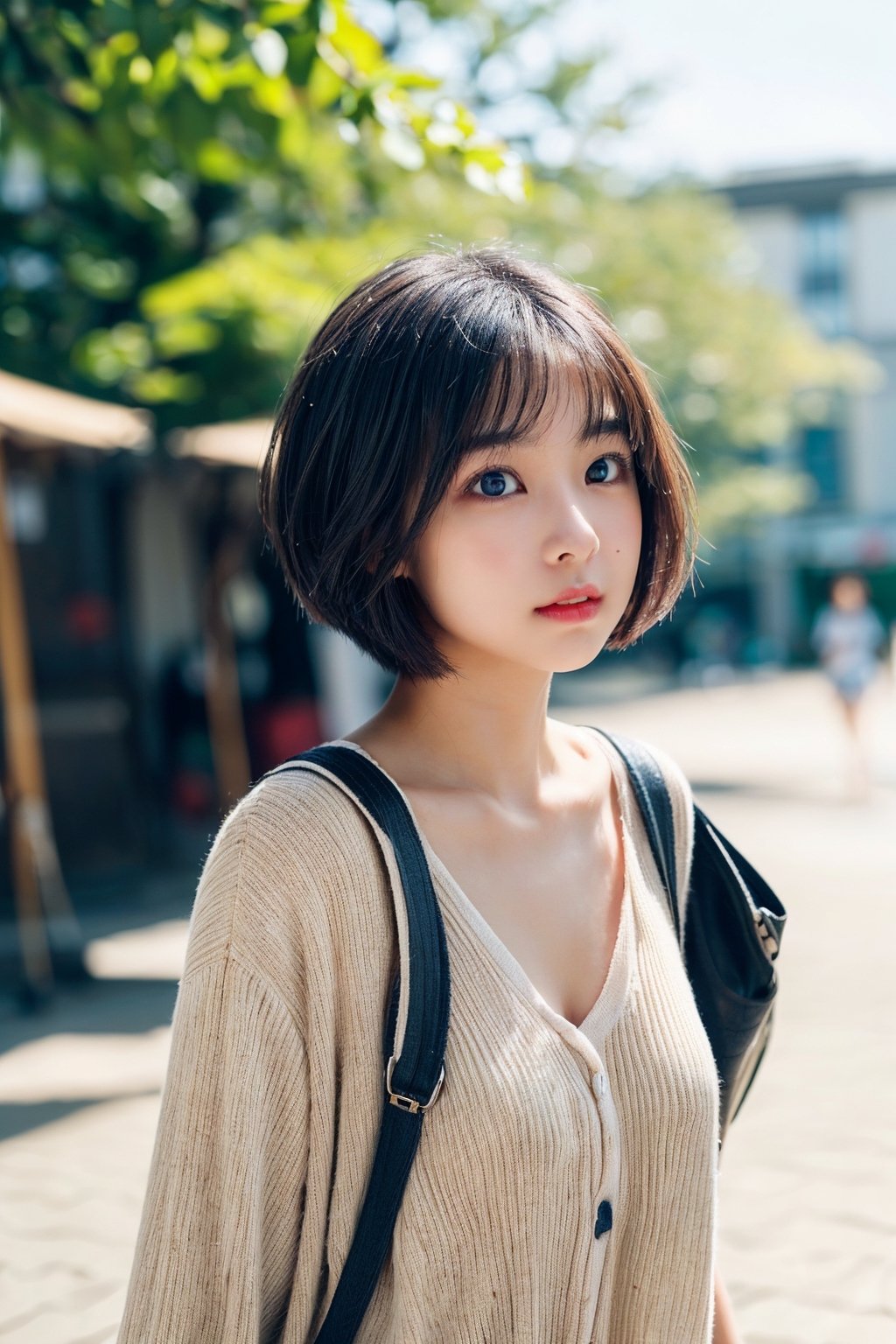 A beautiful female college student with big, expressive eyes, lively and vibrant, possessing a great temperament and a charming short haircut, A girl in the wild, ((A natural photo of a college girl with an innocent expression taken at an 85mm angle of view.)), summer clothes, casual clothes, 