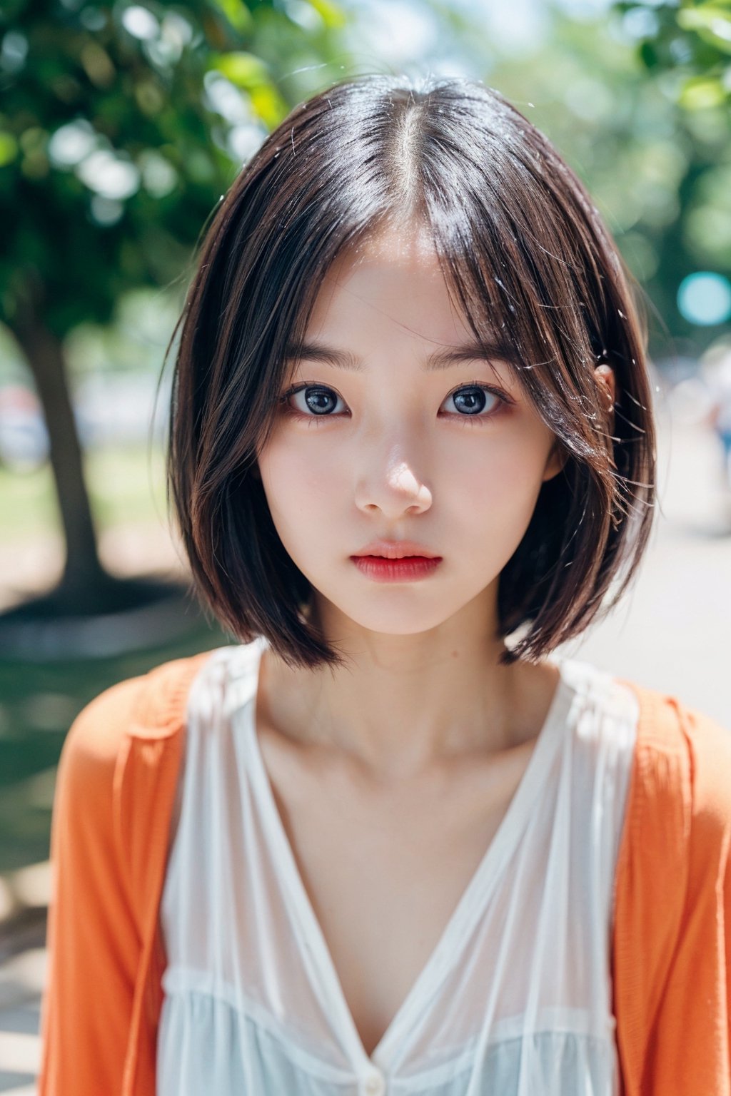 A beautiful female college student with big, expressive eyes, lively and vibrant, possessing a great temperament and a charming short haircut, A girl in the wild, ((A natural photo of a college girl with an innocent expression taken at an 85mm angle of view.)), summer clothes, casual clothes, 