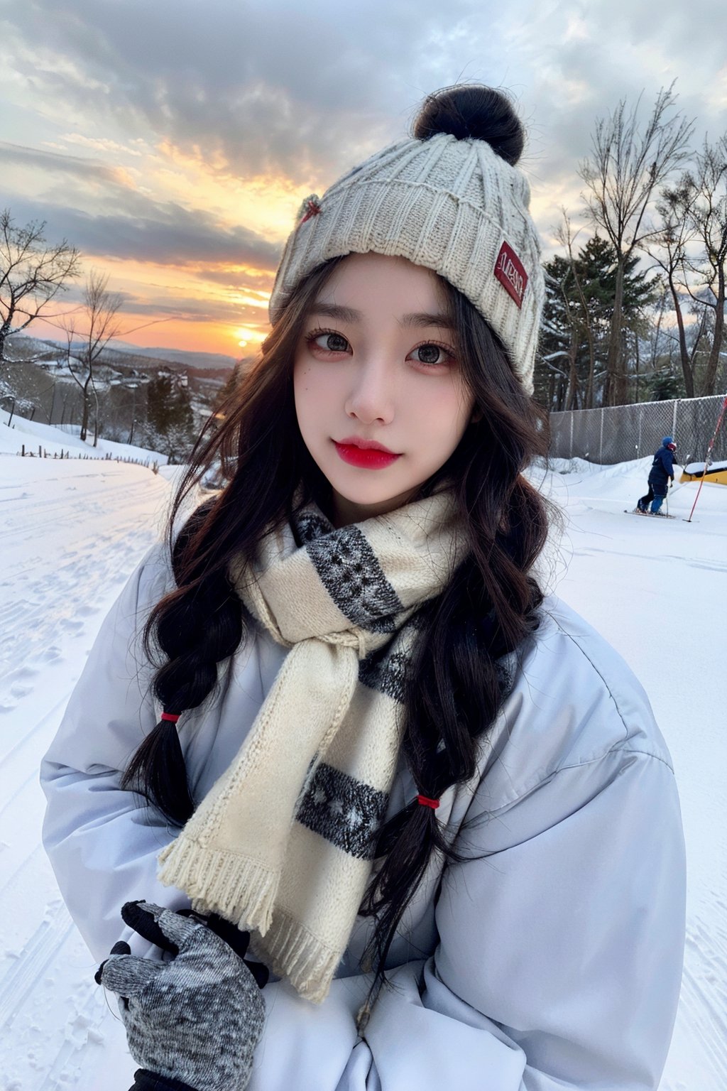 	1girl, {{8k}}, korean, (raw photo, masterpiece, best quality, highres, background, ultra detailed, physically-based rendering), {{realistic}}, (photo-realistic:1.4, cinematic light:1.4), {{{{bright face}}}}, {{small_face}}, (egg-shaped_face), {{multicolored_hair}}, (braided_bun, absurdly_long_hair), {{Eyelashes}}, (long_eyes, long_eyelashes, long_eyebrow, black_eyes), {{thick_lips}}, red_lips), Winter, Frozen, Scarf, Snow, Blizzard, Rainbow, Ice, Coldness, Gloves and jacket and on the forehead for skiing, she had a beanie on his head