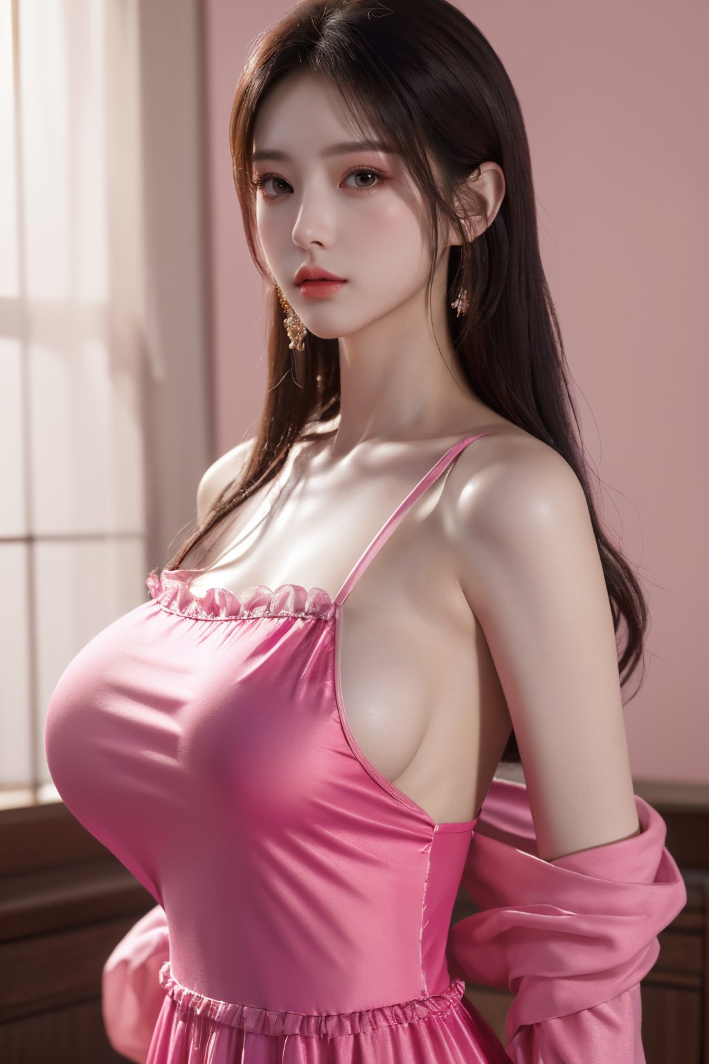 (8k, RAW photo, best quality, masterpiece:1.2), (realistic, photo-realistic:1.2)(raw photo) (extremely detailed CG unity 8k wallpaper) detailed and intricate, original,highres,[1girl:background:0.6],long hair,(long dress:1.23),looking at viewer,upper body,(pink clothing:1.23),(big breasts:1.52),Xyunxiao,1girl,Xziling,underwear,Dudou