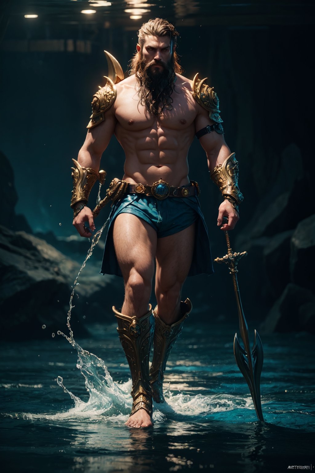 Poseidon, lord of the seas, glowing white eyes, wearing blue garments, trident in hand, commanding the waves of the seas, full body portrait dim volumetric lighting, 8k octane beautifully detailed render, post-processing, portrait, extremely hyper-detailed, intricate, epic composition, cinematic lighting, masterpiece, very very detailed, masterpiece, stunning Detailed matte painting, deep color, fantastical, intricate detail, splash screen, complementary colors, fantasy concept art, 8k resolution trending on Artstation Unreal Engine 5