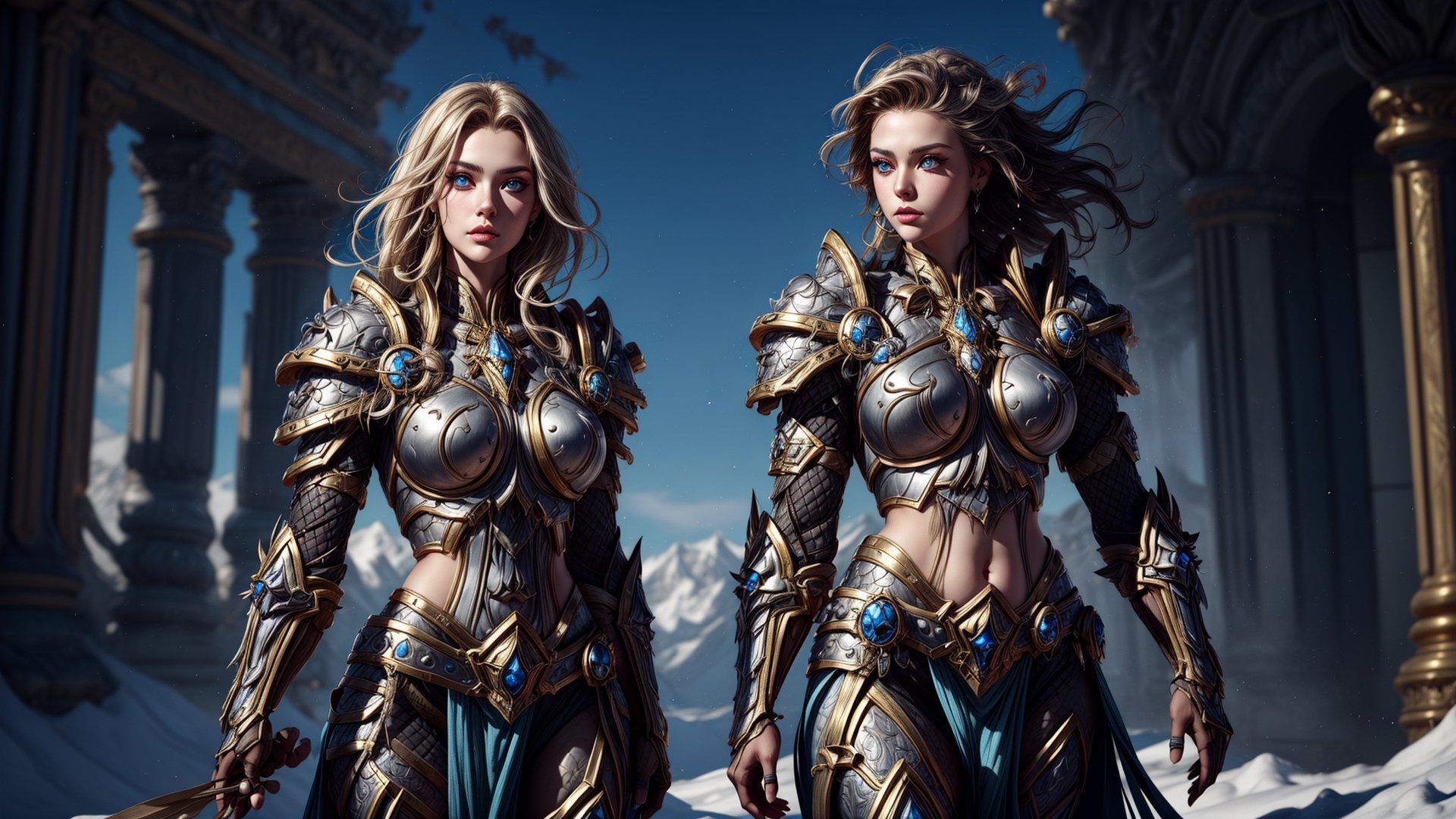 2 girl
random hair 
standing side by side
golden armor
wearing armor  ,Young beauty spirit ,wowdk,photorealistic
don't use same for girls 