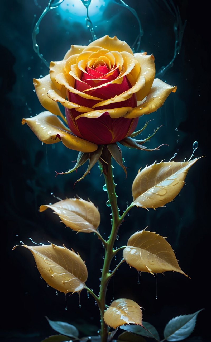 An ominous, bioluminescent yellow rose unfurls its sinister, red petals. They exude toxic, glowing radiance, dripping with viscous goo, while dark energy oozes from within.