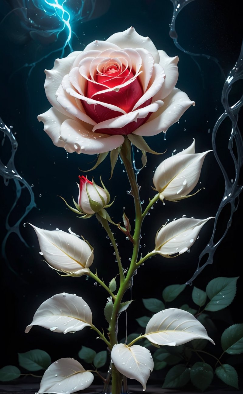 An ominous, bioluminescent white rose unfurls its sinister, red petals. They exude toxic, glowing radiance, dripping with viscous goo, while dark energy oozes from within.