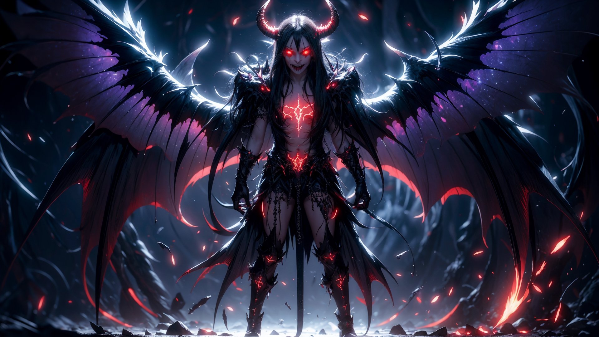 Cruely Cosmic Fallen Demon,cruel,Evil,, Glowing bright eyes, bioluminescent, creepy, Re, HELL SENT, Very bright colors, light particles, with glowing light, Mshiff, wallpaper art, UHD wallpaper terrible,Full body Image,Demonic Wings,evil glowing, evil grin,