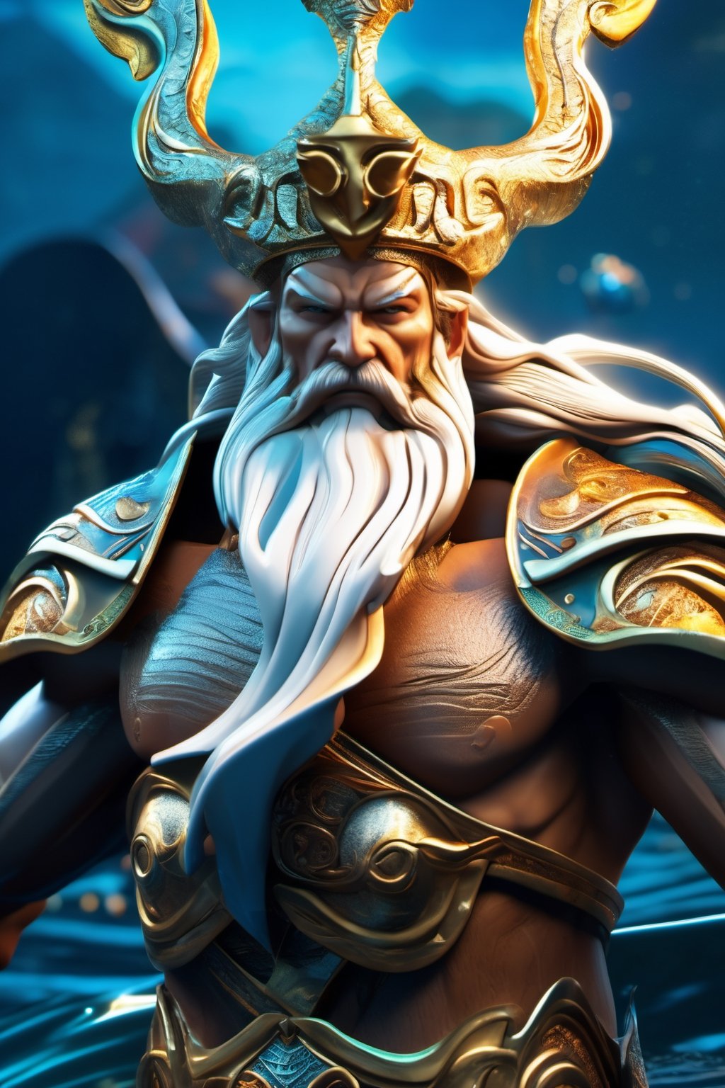 Poseidon, lord of the seas, glowing white eyes, wearing blue garments, trident in hand, commanding the waves of the seas, full body portrait dim volumetric lighting, 8k octane beautifully detailed render, post-processing, portrait, extremely hyper-detailed, intricate, epic composition, cinematic lighting, masterpiece, very very detailed, masterpiece, stunning Detailed matte painting, deep color, fantastical, intricate detail, splash screen, complementary colors, fantasy concept art, 8k resolution trending on Artstation Unreal Engine 5