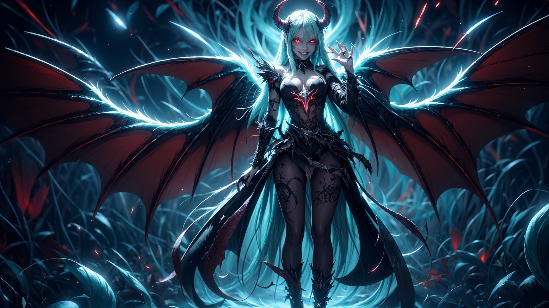 Cruely Cosmic Fallen Demon,cruel,Evil,, Glowing bright eyes, bioluminescent, creepy, Re, HELL SENT, Very bright colors, light particles, with glowing light, Mshiff, wallpaper art, UHD wallpaper terrible,Full body Image,Demonic Wings,evil glowing, evil grin,