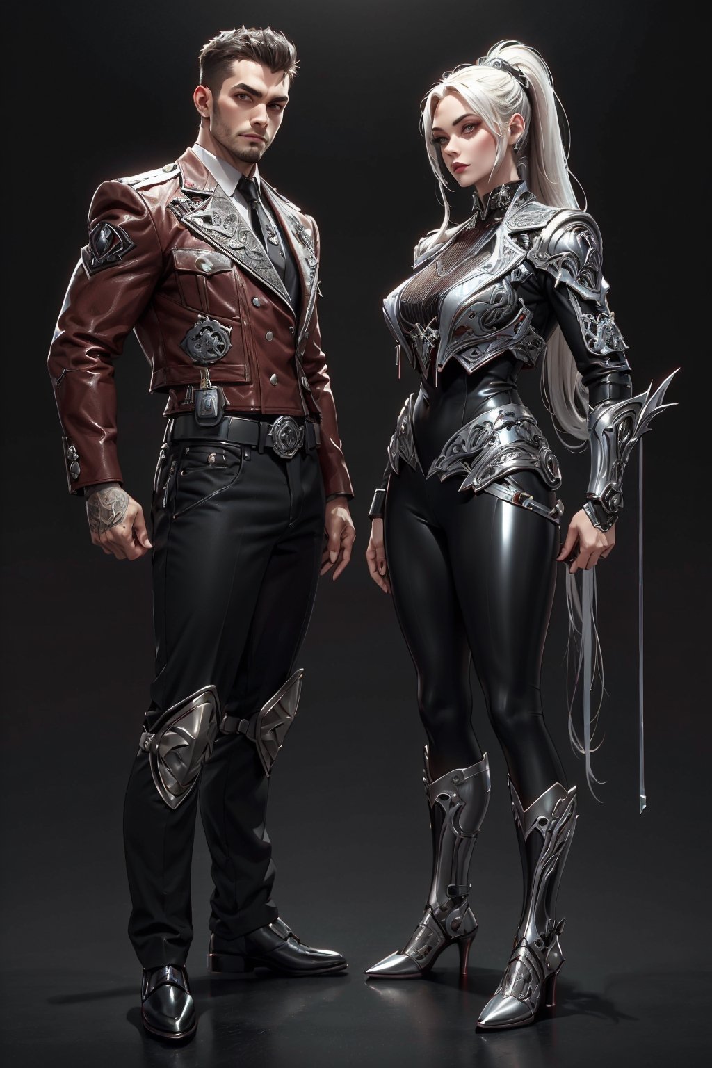 High detailed , 1 male and 1 female standing side by side , uniform , muscled , futuristic ,fantasy00d,vamptech