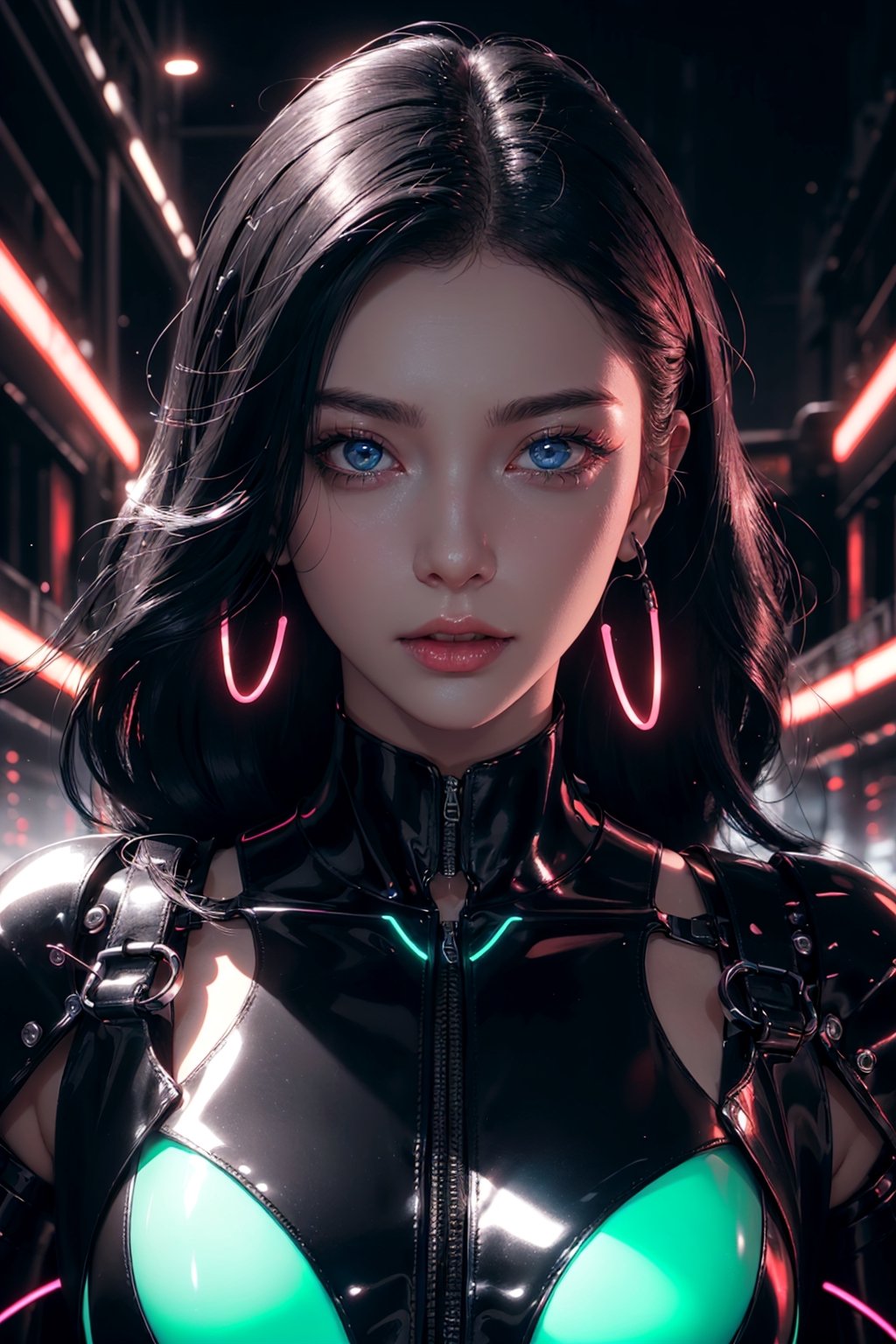 full body of cyborg lady, cybernetic jaw, mechanical parts, white shirt, unbottoned, black latex skirt, metal skin, glowing red eyes, cables, wires, black hair, simple background,(fighting pose)masterpiece, best quality, realistic, ultra highres, depth of field, (full dual colour neon lighting:1.2), (detailed face:1.2), (detailed eyes:1.2), (detailed background:1.2), (mountain:1) (masterpiece:1.2), (ultra detailed), (best quality), intricate, comprehensive cinematic, magical photography, (gradients), colorful, detailed landscape, visual key, shiny skin,