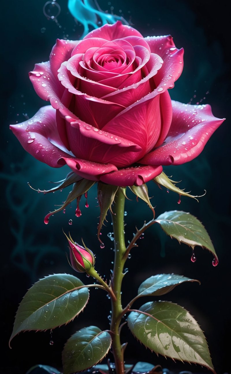 An ominous, bioluminescent Pink rose unfurls its sinister, red petals. They exude toxic, glowing radiance, dripping with viscous goo, while dark energy oozes from within.