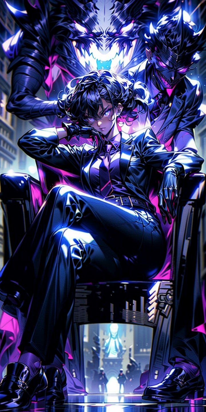 EpicGhost,  solo,  looking at viewer,  short hair,  black hair,  gloves,  1girl ,  sitting,  jacket,  full body,  female focus,  necktie,  shoes,  belt,  pants,  black footwear ,chair,  formal, elegent suit,  glowing eyes,  monster, long curly hair ,  throne, purple theme